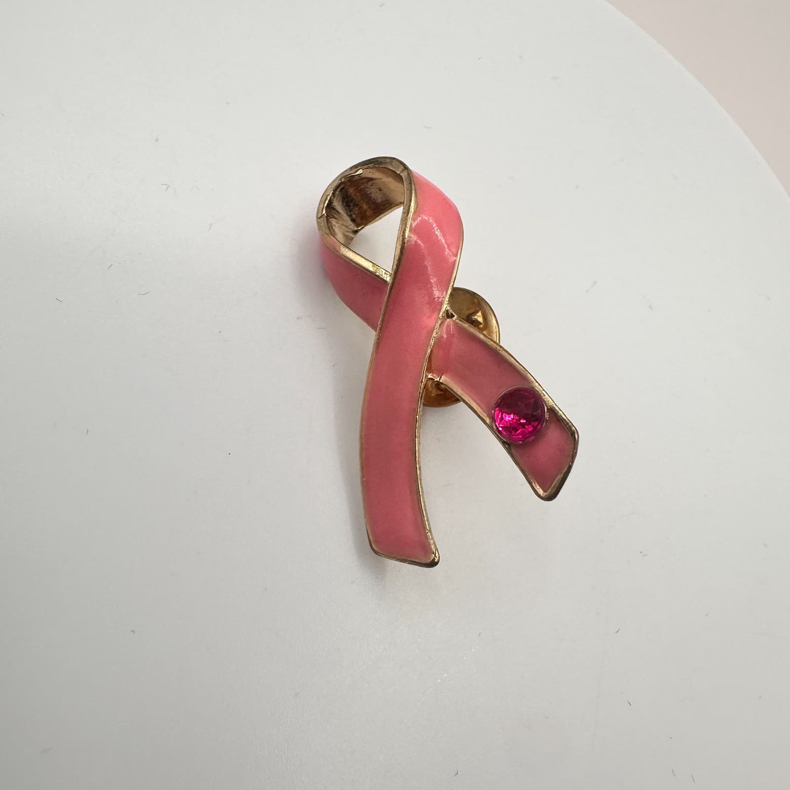 Vintage 90s Awareness Ribbon Gold Tone Pink Enamel Glass Brooch Pin Jewelry