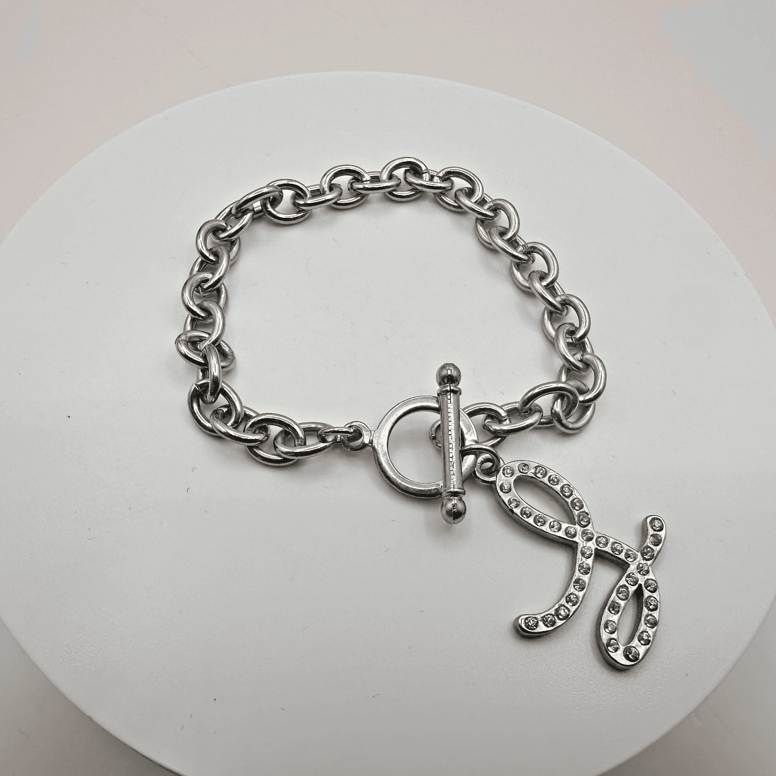 Vintage 90s Silver Tone Bracelet Script Initial Charm Glass Accents Jewelry