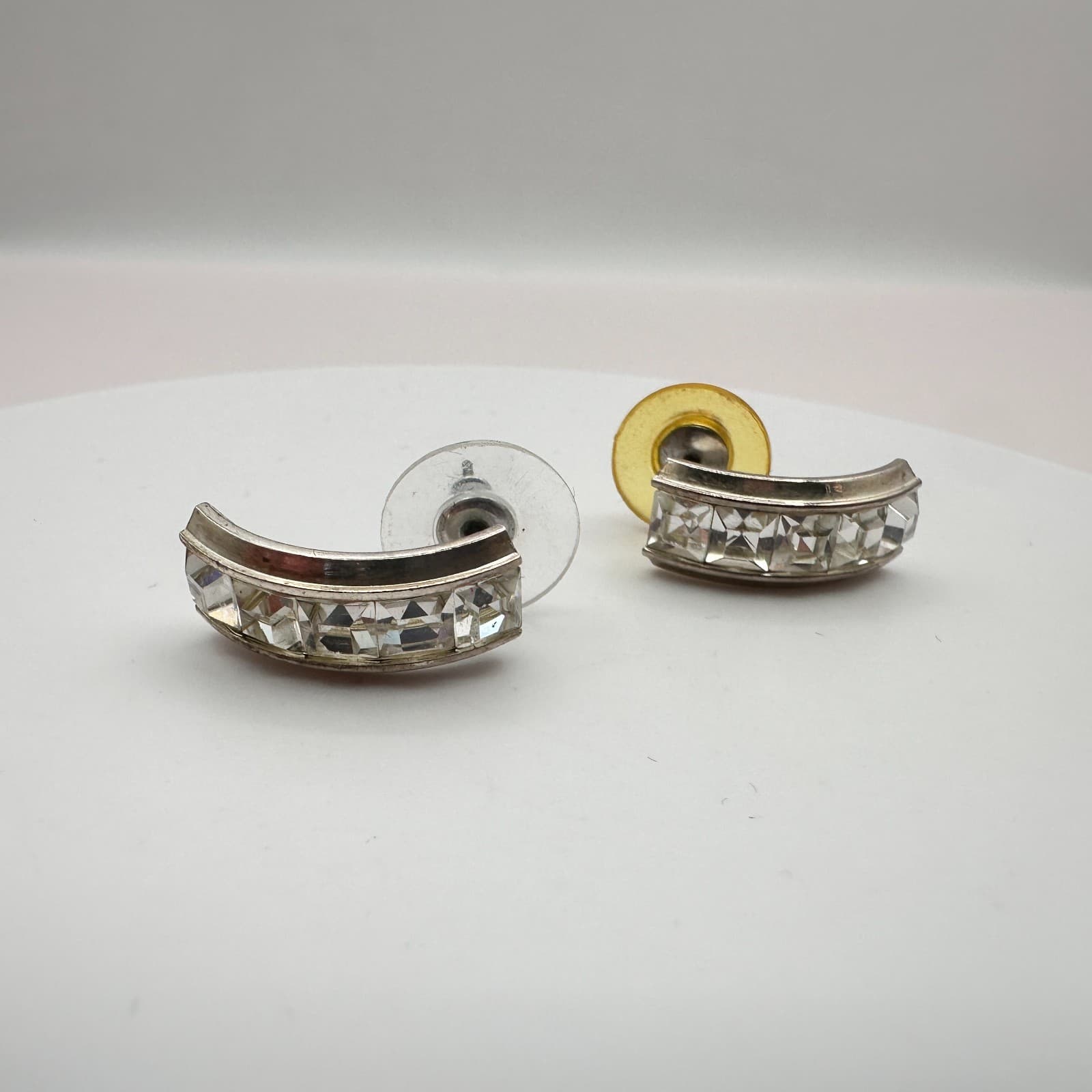 Vintage Y2K Clear Glass Half Hoop Earrings Silver Tone Classic Jewelry