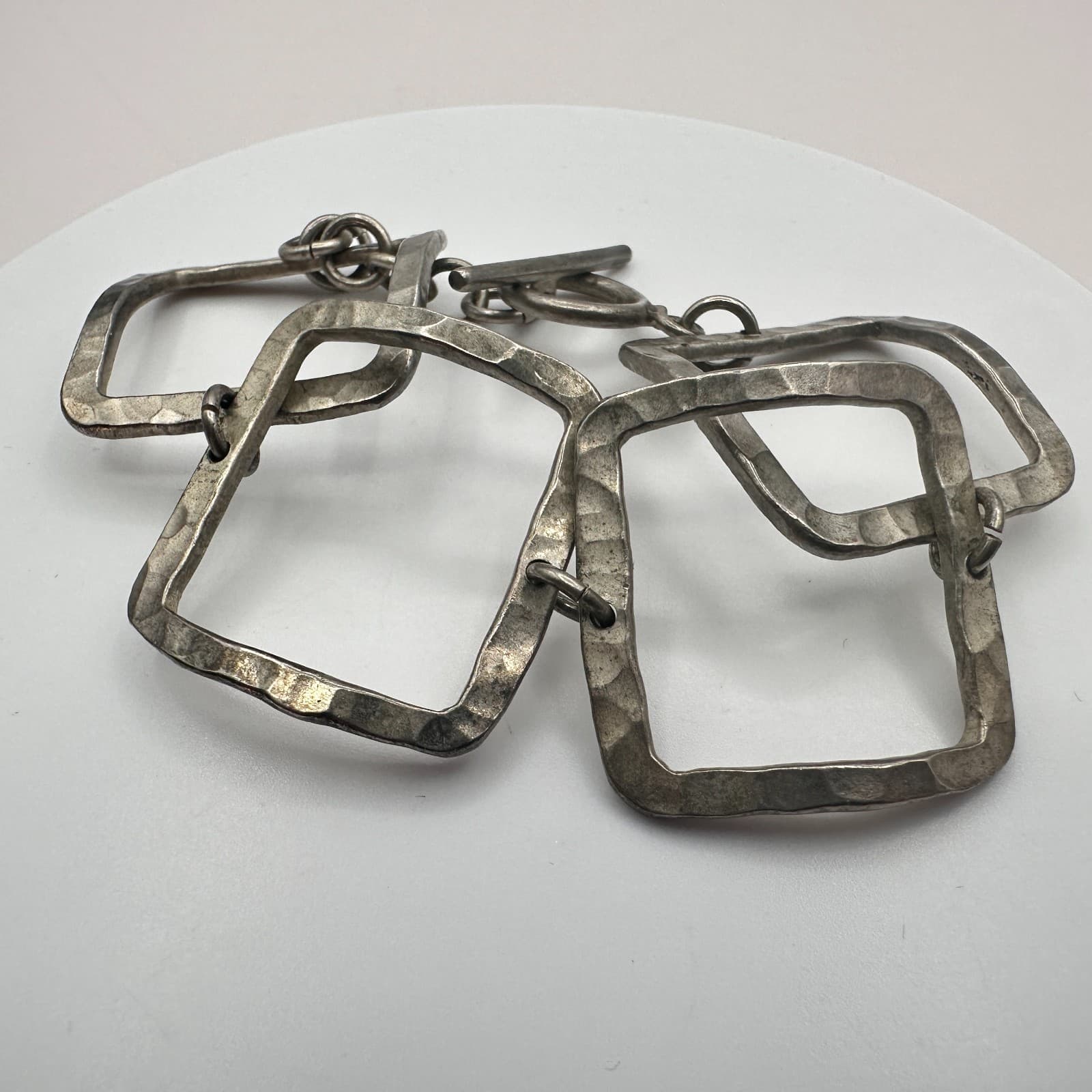 Vintage 90s Silver Tone Hammered Square Link Bracelet Retro Boho Fashion Jewelry