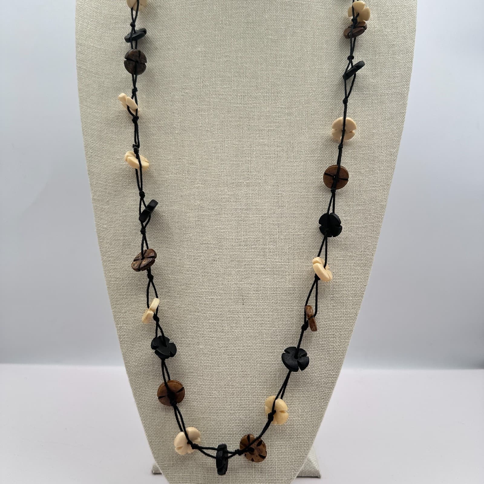 Vintage 90s Long Layered Wooden Flower Bead Necklace Boho Statement Jewelry