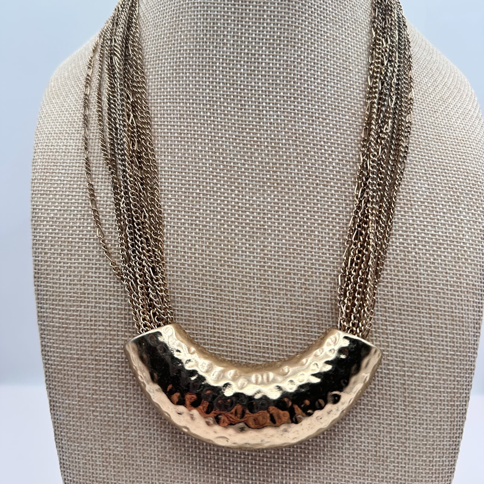 Vintage 90s Multi Strand Gold Tone Chain Hammered Crescent Statement Necklace