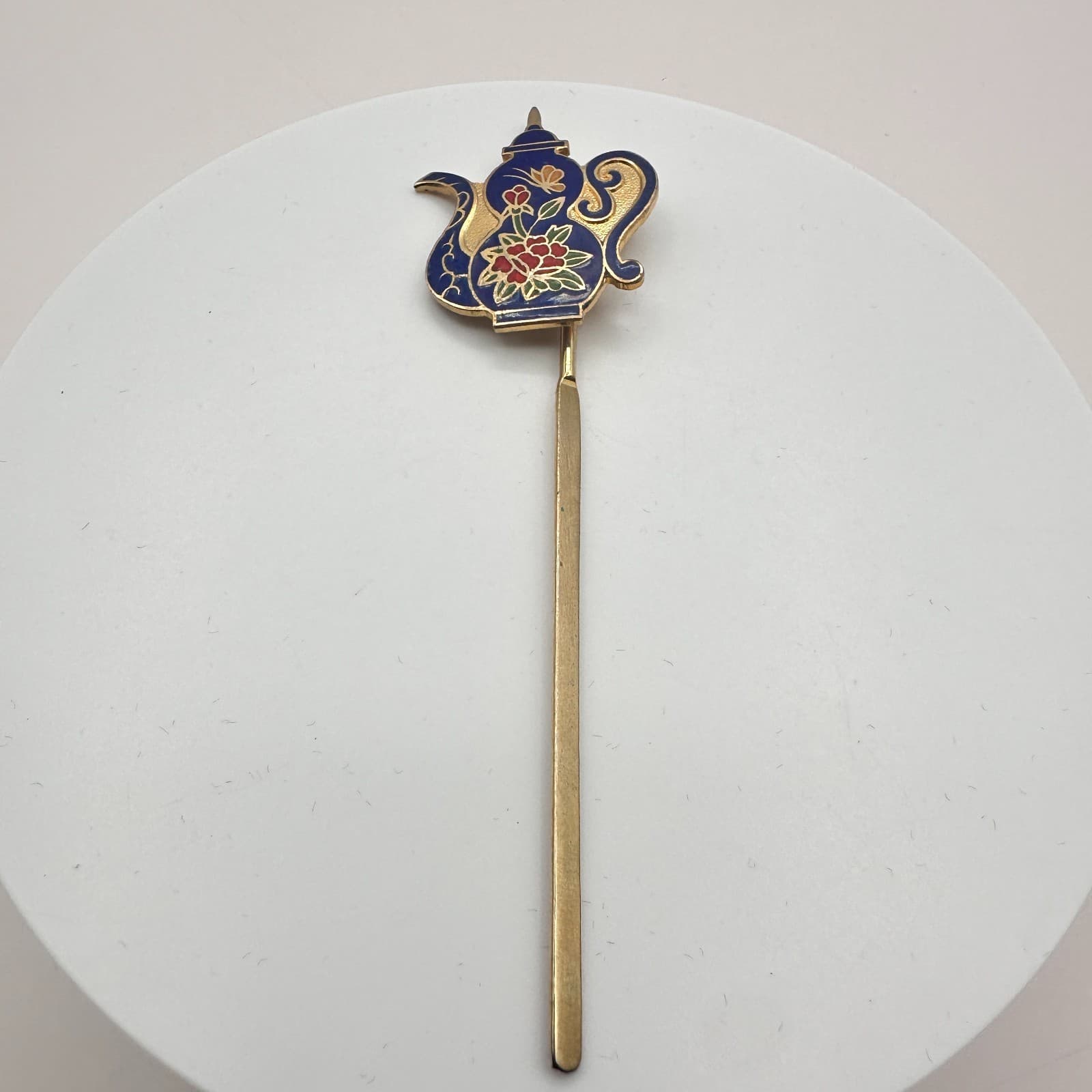 Vintage 90s Cloisonne Teapot Hair Sticks Gold Tone Blue Enamel Women's Jewelry