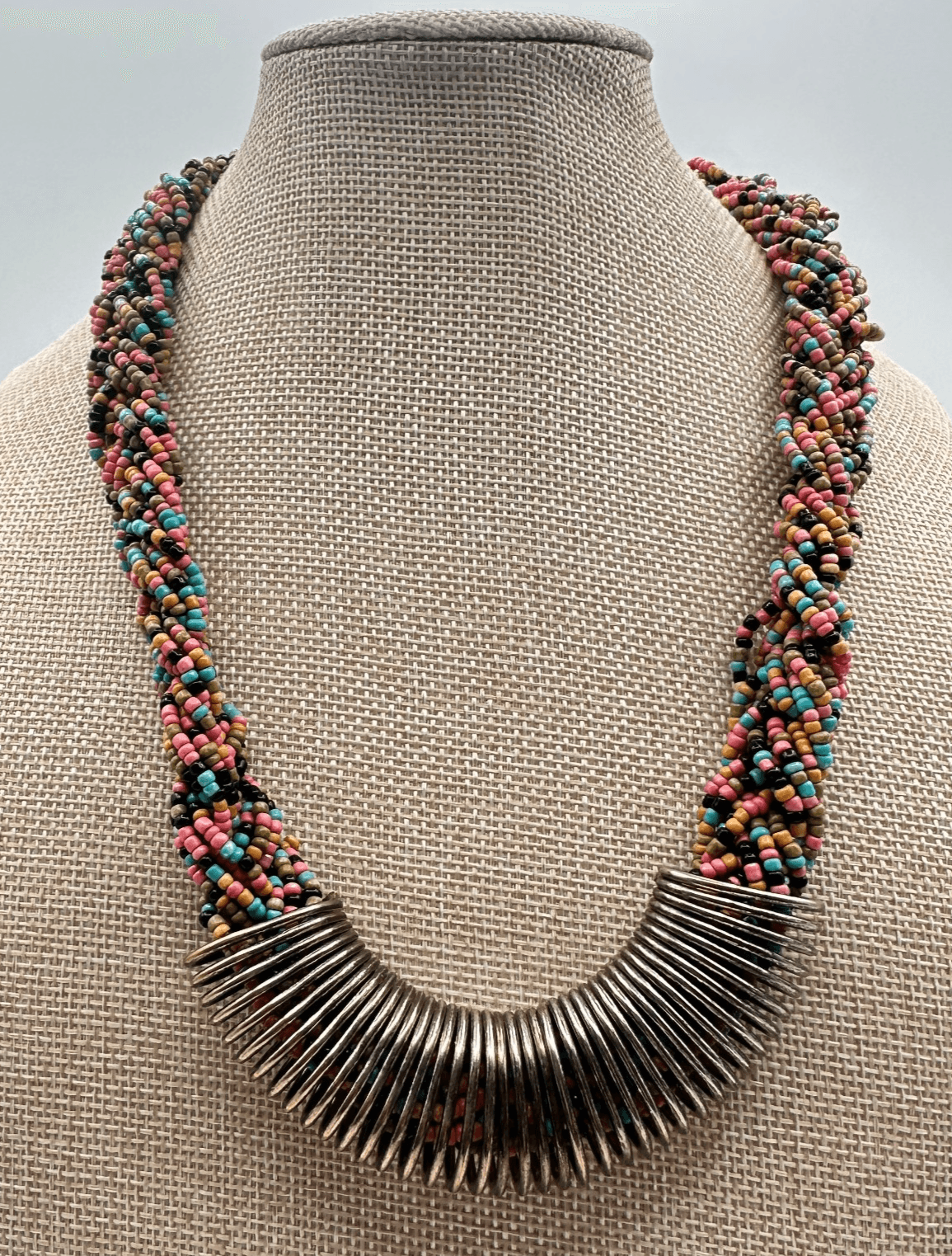 Vintage 90s Silver Tone Coil Rope Beaded Necklace Women's Classic Jewelry
