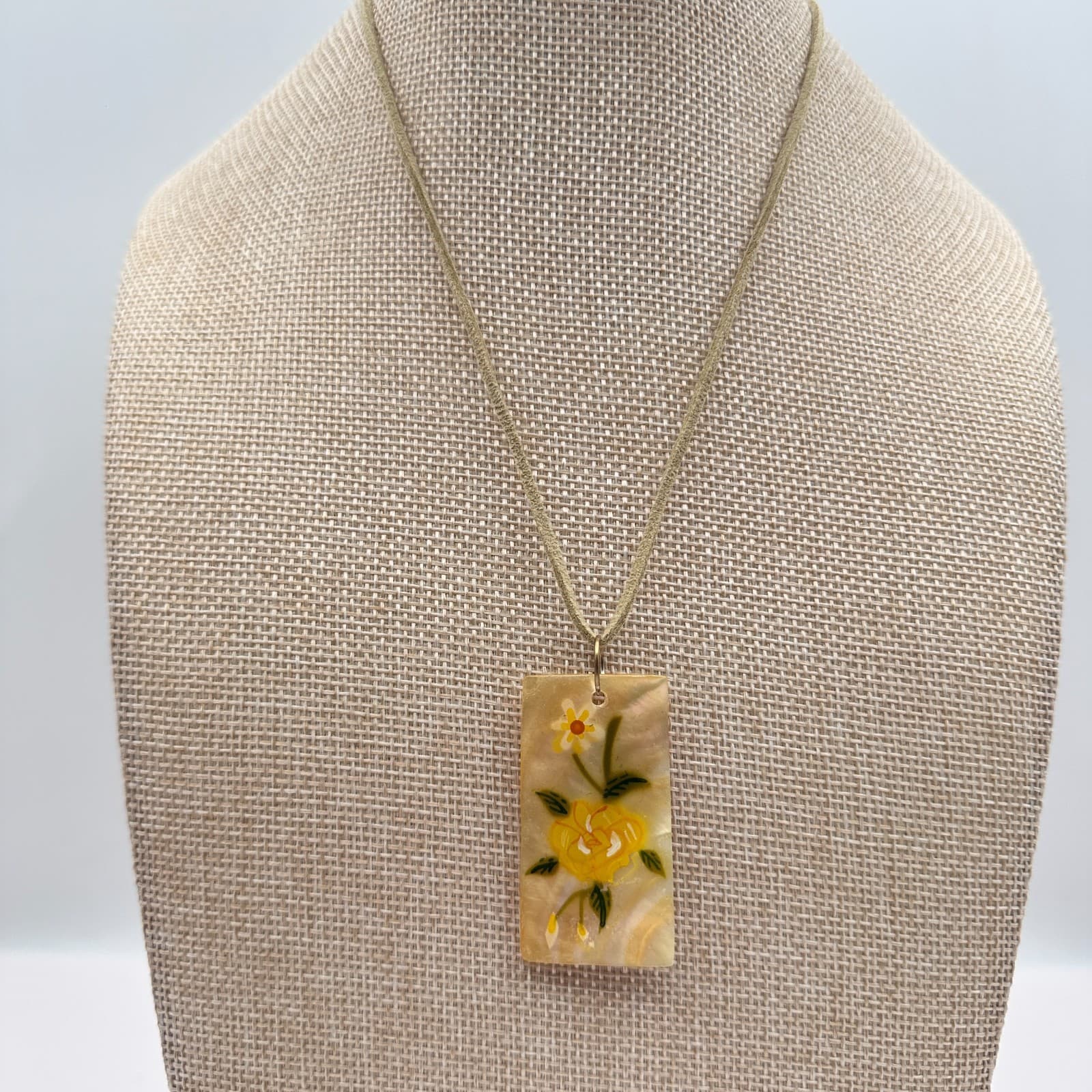 Vintage 90s Mother of Pearl Shell Hand Painted Yellow Rose Pendant Cord Necklace