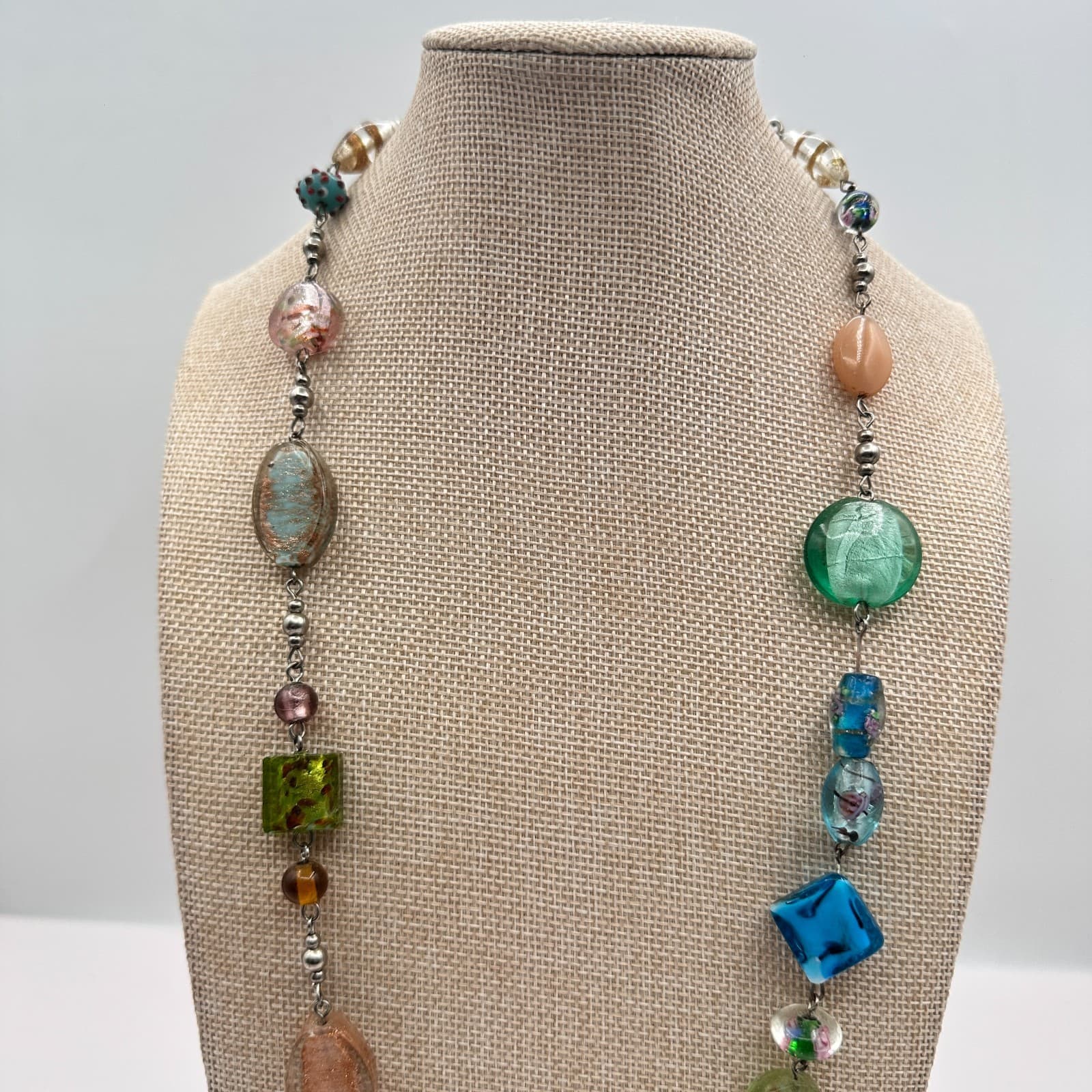 Vintage 90s Artisan Statement Necklace Glass Beads Silver Tone Chain Jewelry