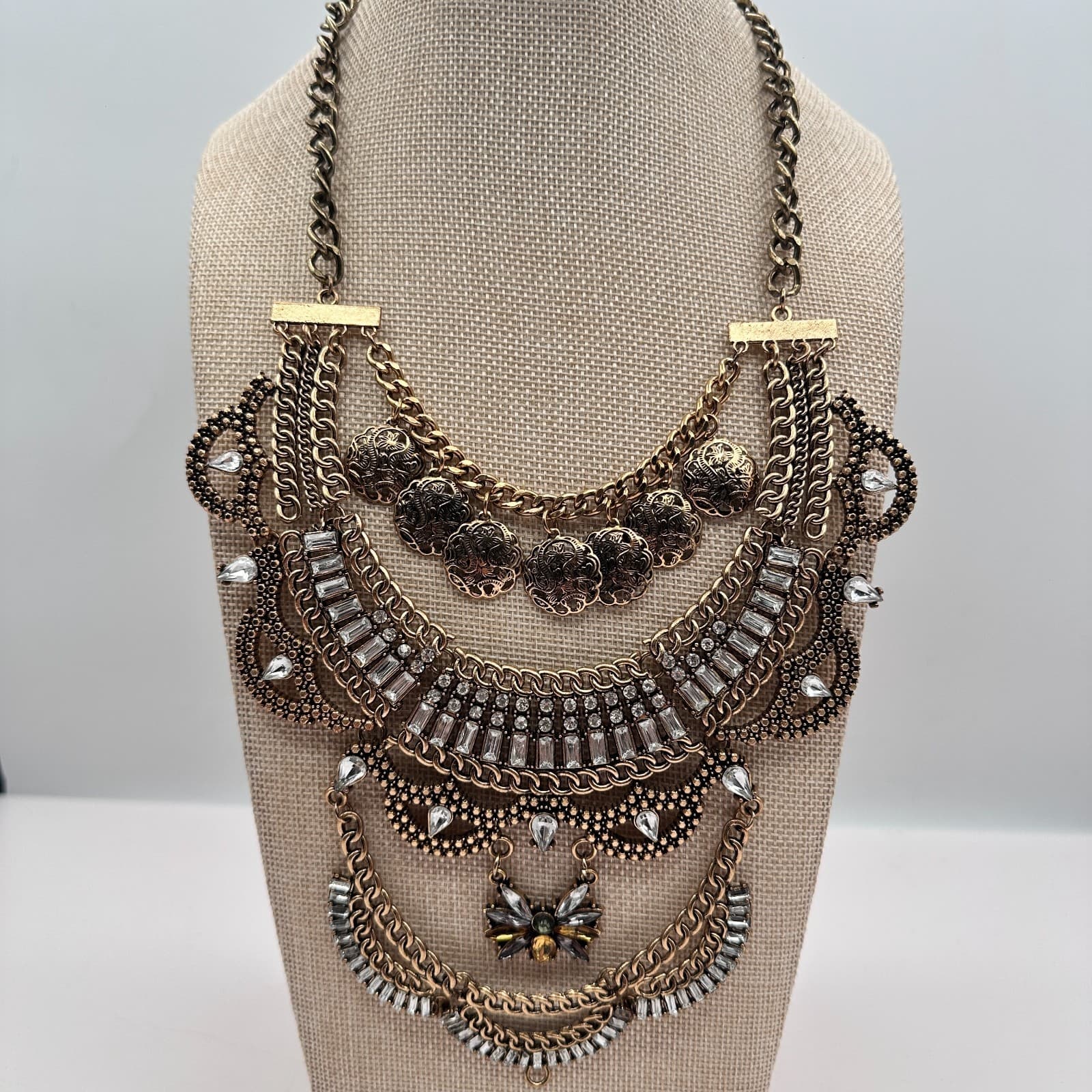 Vintage Y2k Gold Tone Multi Layer Statement Necklace Rhinestones Discs Jewelry