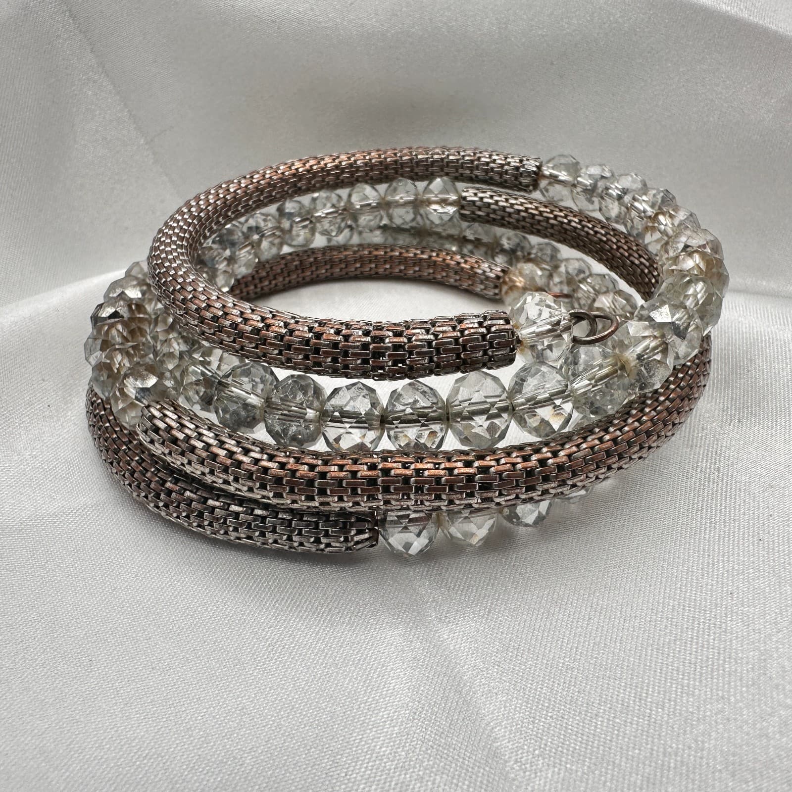 Vintage 90s Coil Wrap Bracelet Silver Tone Mesh Clear Glass Beads Statement