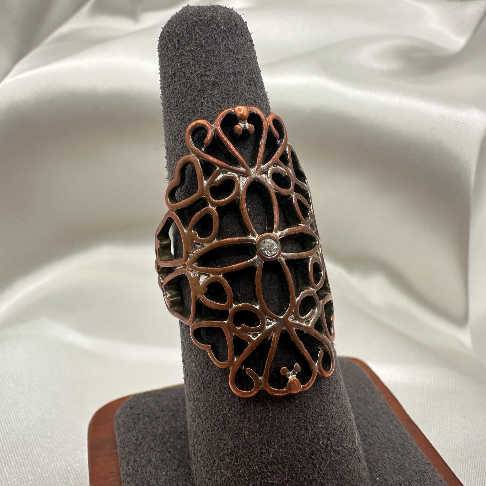Vintage Y2K Copper Tone Cutout Filigree Clear Rhinestone Statement Ring Jewelry