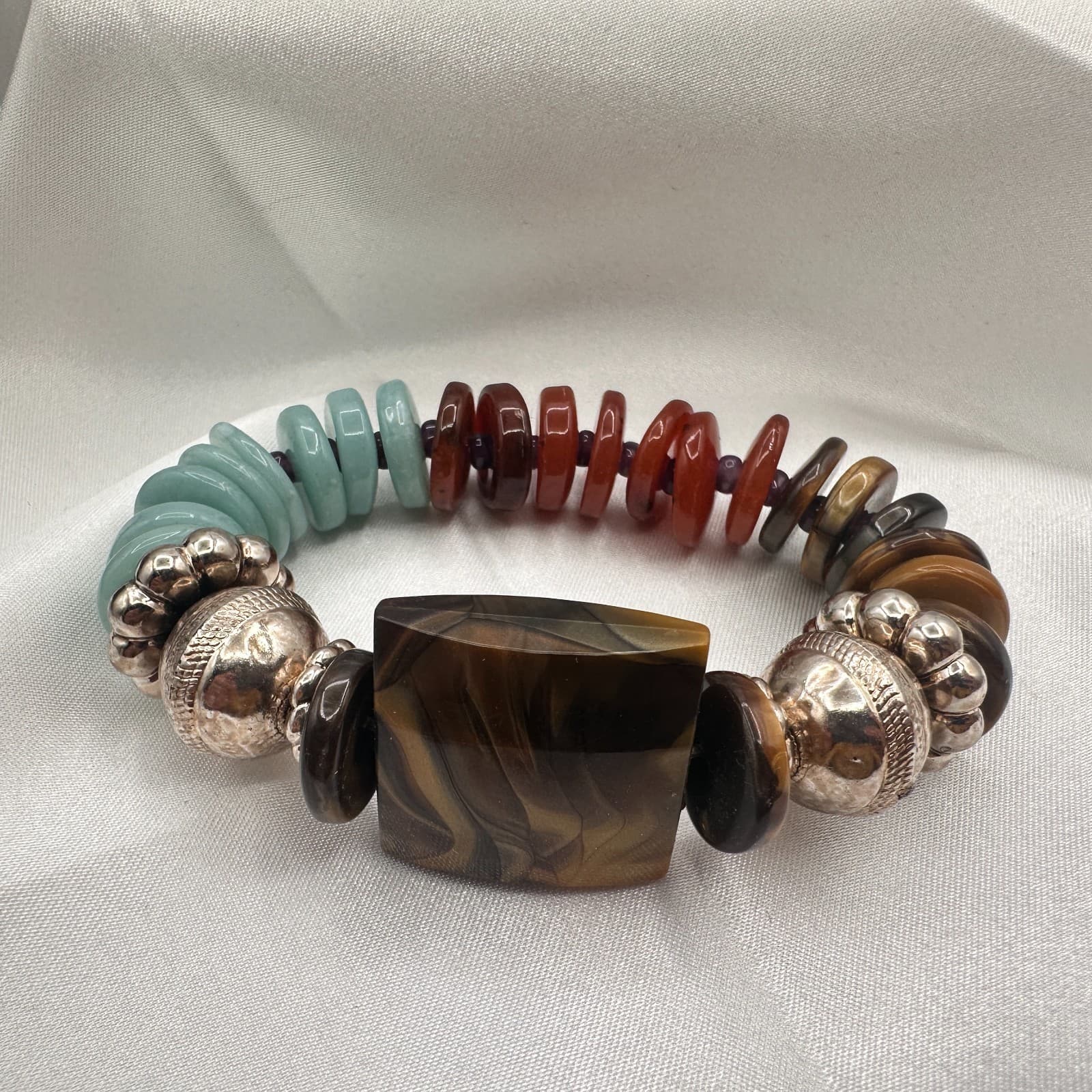 Vintage 90s Polycrome Tiger's Eye Disc Bead Stretch Bracelet Silver Tone Jewelry