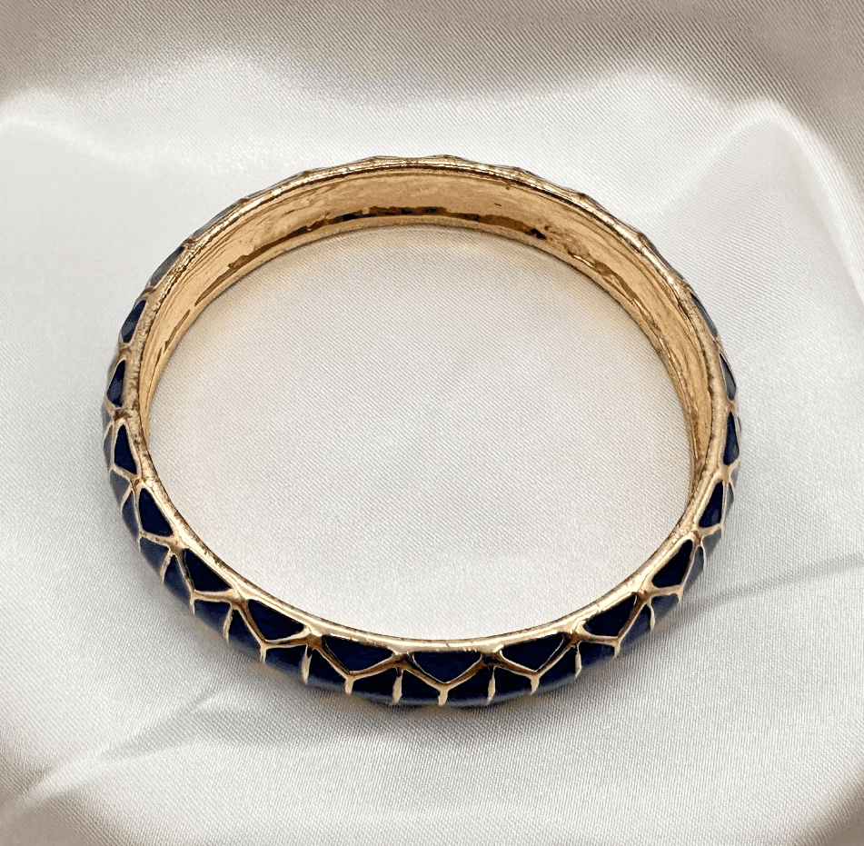 Vintage 80s Navy Enamel Bangle Gilde Honeycomb Lattice Statement Classic Jewelry