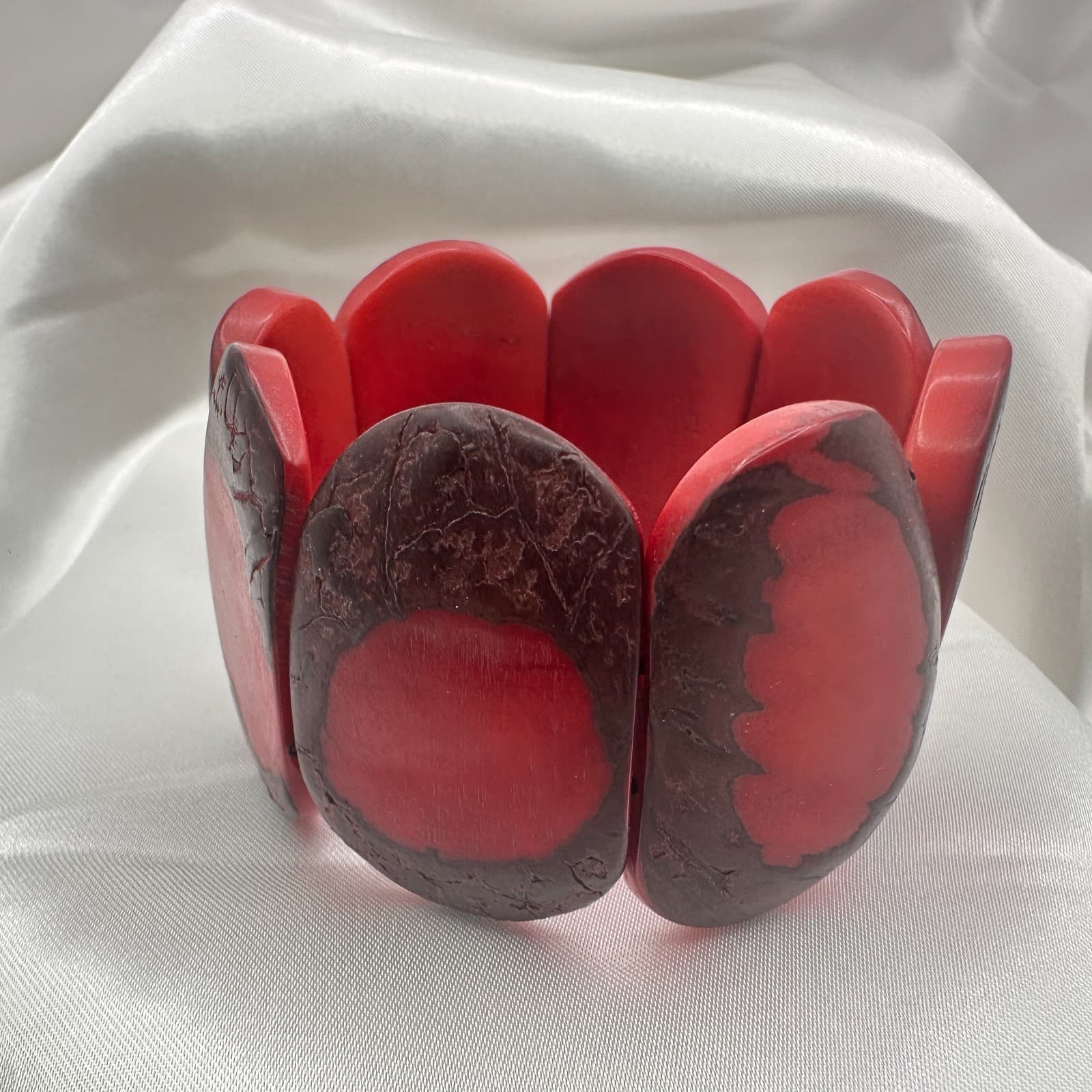 Vintage 90s Red Tagua Nut Elastic Stretch Chunky Boho Statement Cuff Bracelet