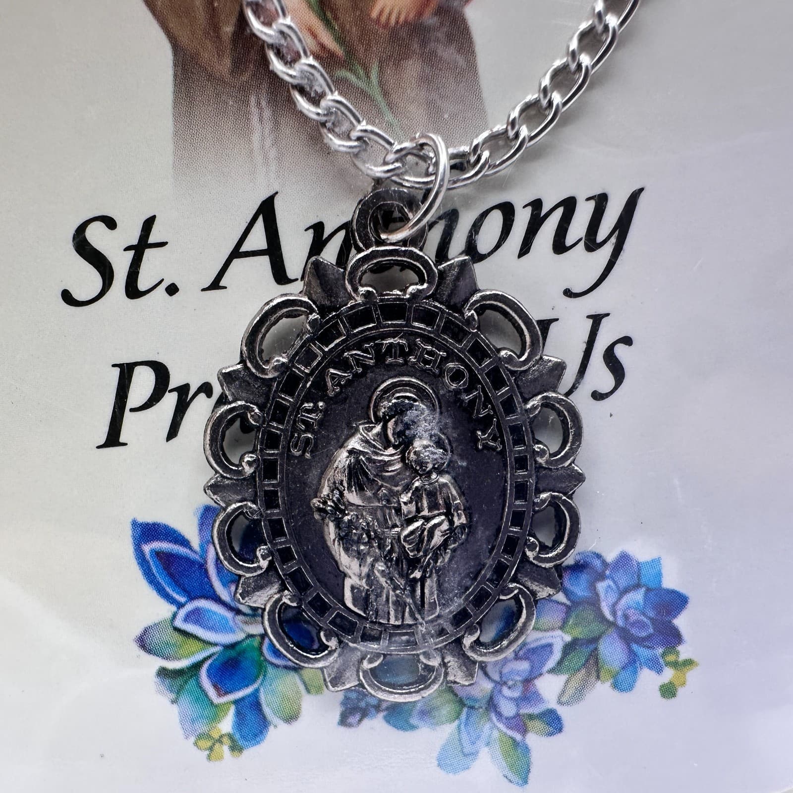 Vintage 90s St. Anthony Religious Medal Necklace Silver Tone Catholic Prayer