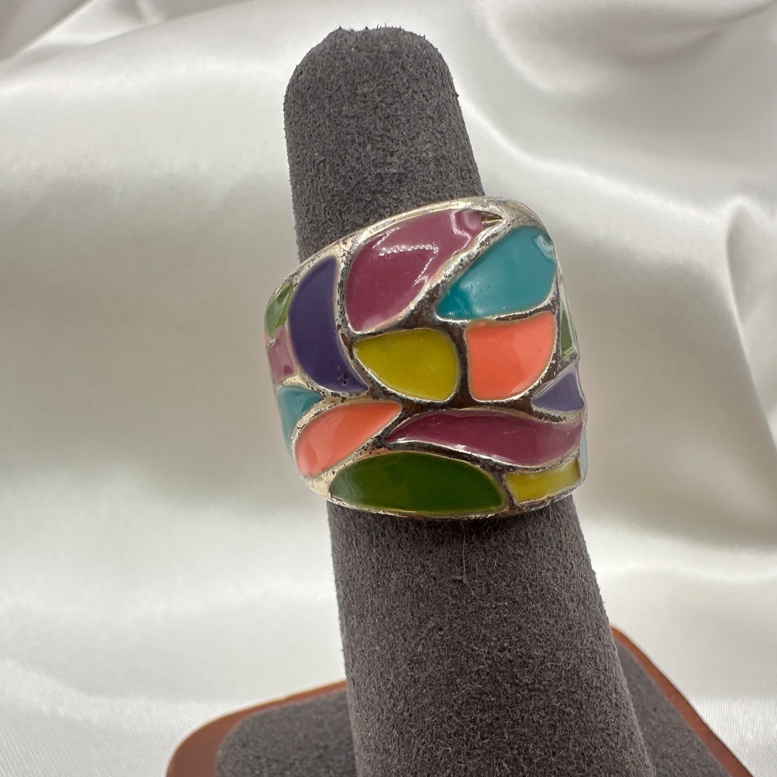 Vintage Y2K Silver Tone Enamel Abstract Ring Women's Classic Fashion Jewelry