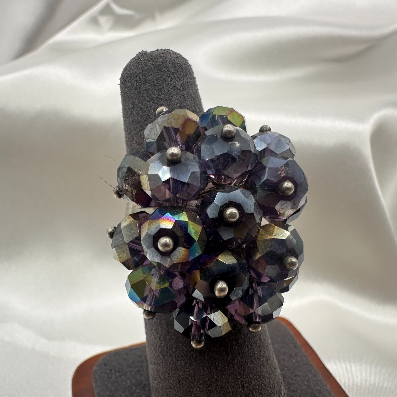Vintage Y2K Silver Tone Smoky Purple Iridescent Beaded Ring Women's Jewelry