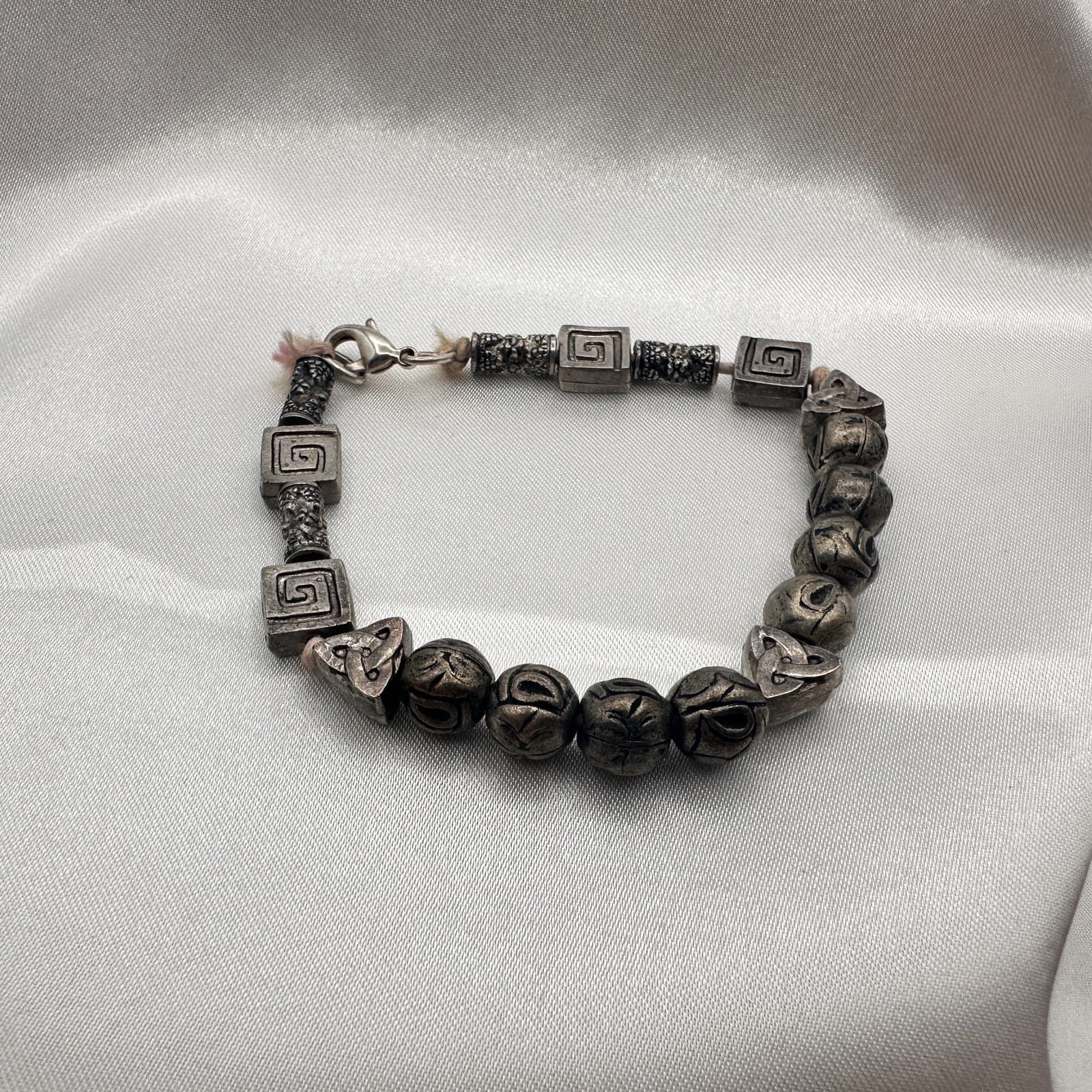 Vintage 80s Silver Tone Celtic Knot Runes Beaded Bracelet Statement Jewelry
