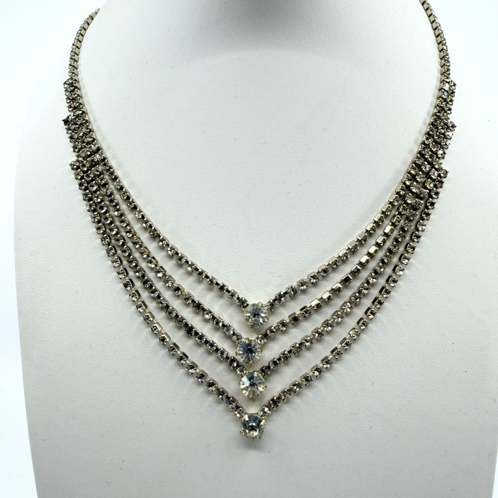 Vintage Clear Rhinestone Necklace Silver Tone Tiered V Shape Bib Statement Bold