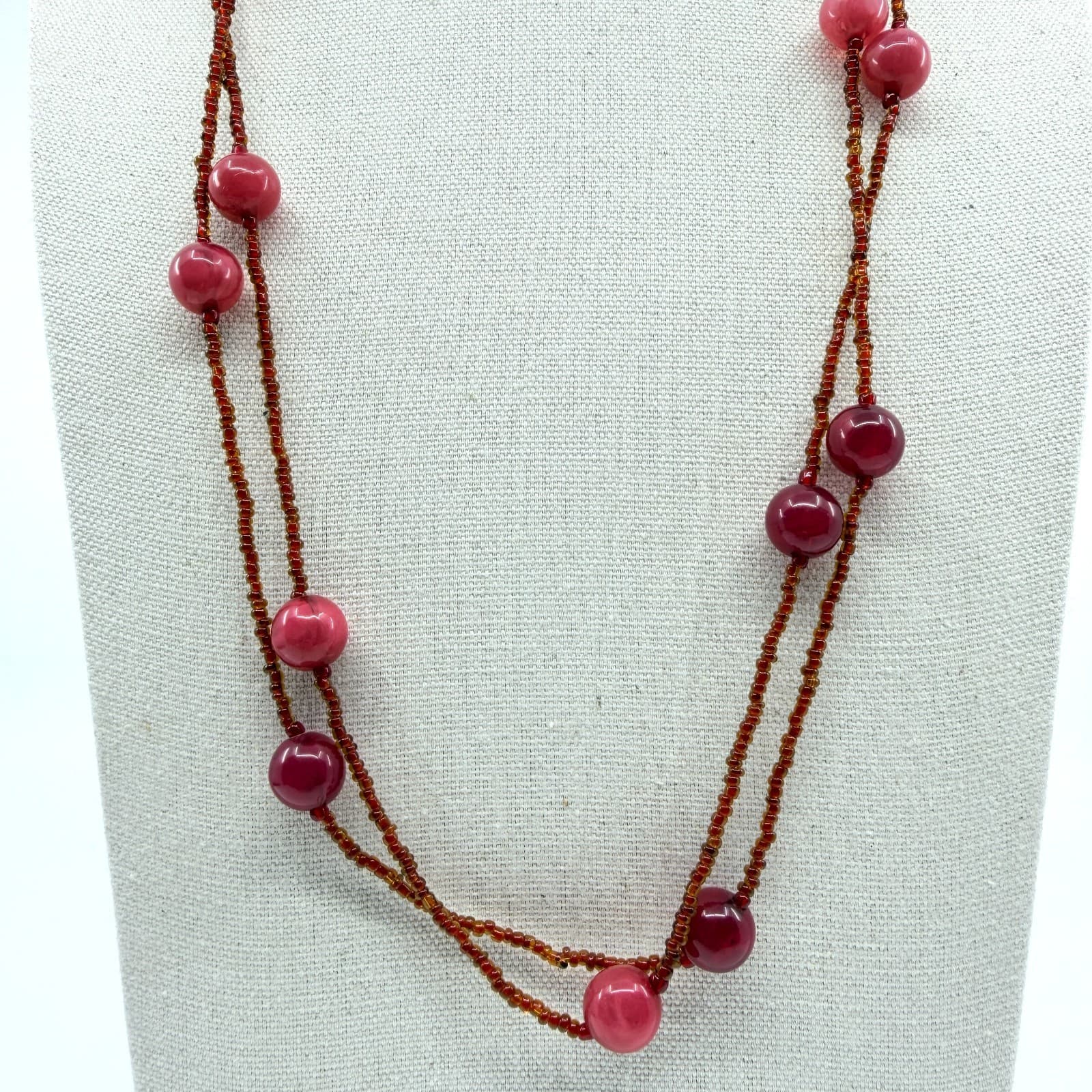 Vintage Red Cat Eye Beaded Necklace Double Strand Seed Bead Station Statement