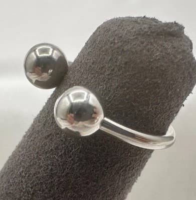 Vintage 80s Silver Tone Double Ball Open Ring Adjustable Minimalist Jewelry