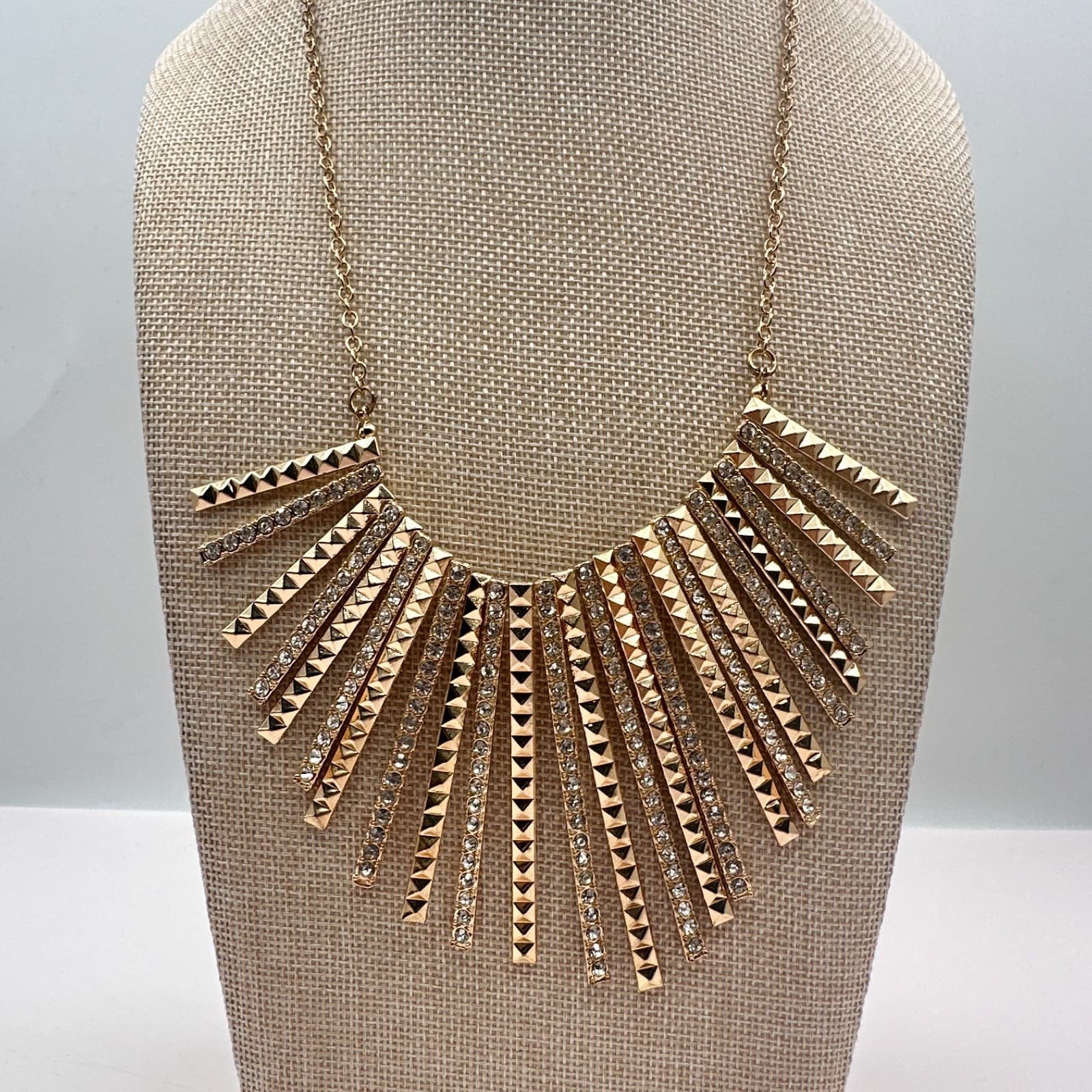 Vintage Y2K Gold Tone Sunburst Statement Necklace Pyramid Rhinestone Jewelry