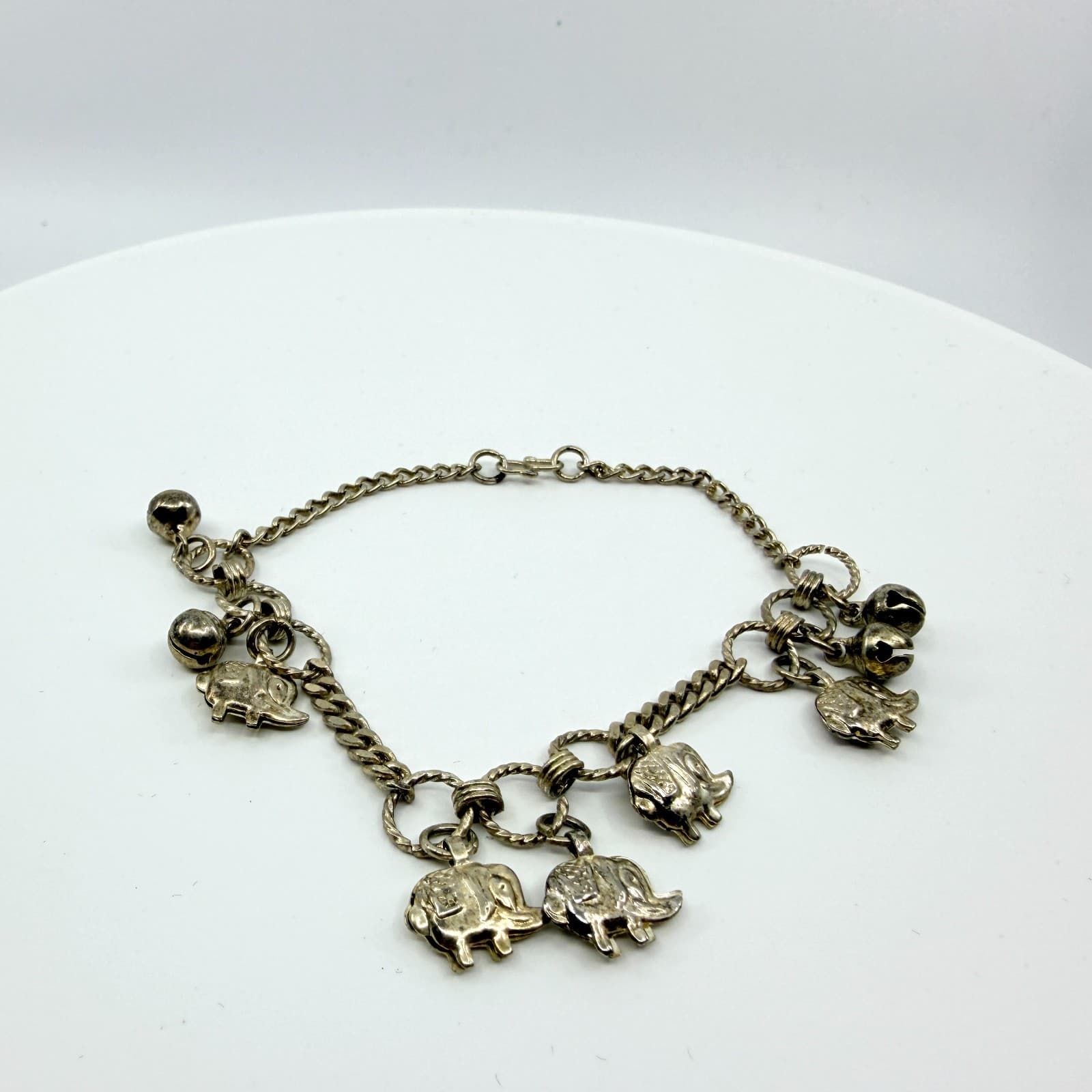 Vintage Silver Tone Elephant Charm Bracelet Chunky Statement Boho Dangling Bells