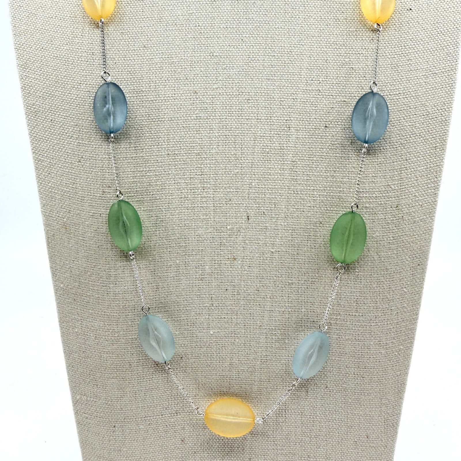 Vintage Silver Tone Frosted Glass Necklace Multi Color Station Long Strand Boho