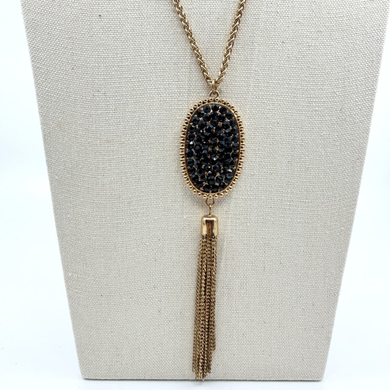 Vintage Gold Tone Black Rhinestone Pendant Necklace Chain Tassel Statement Boho