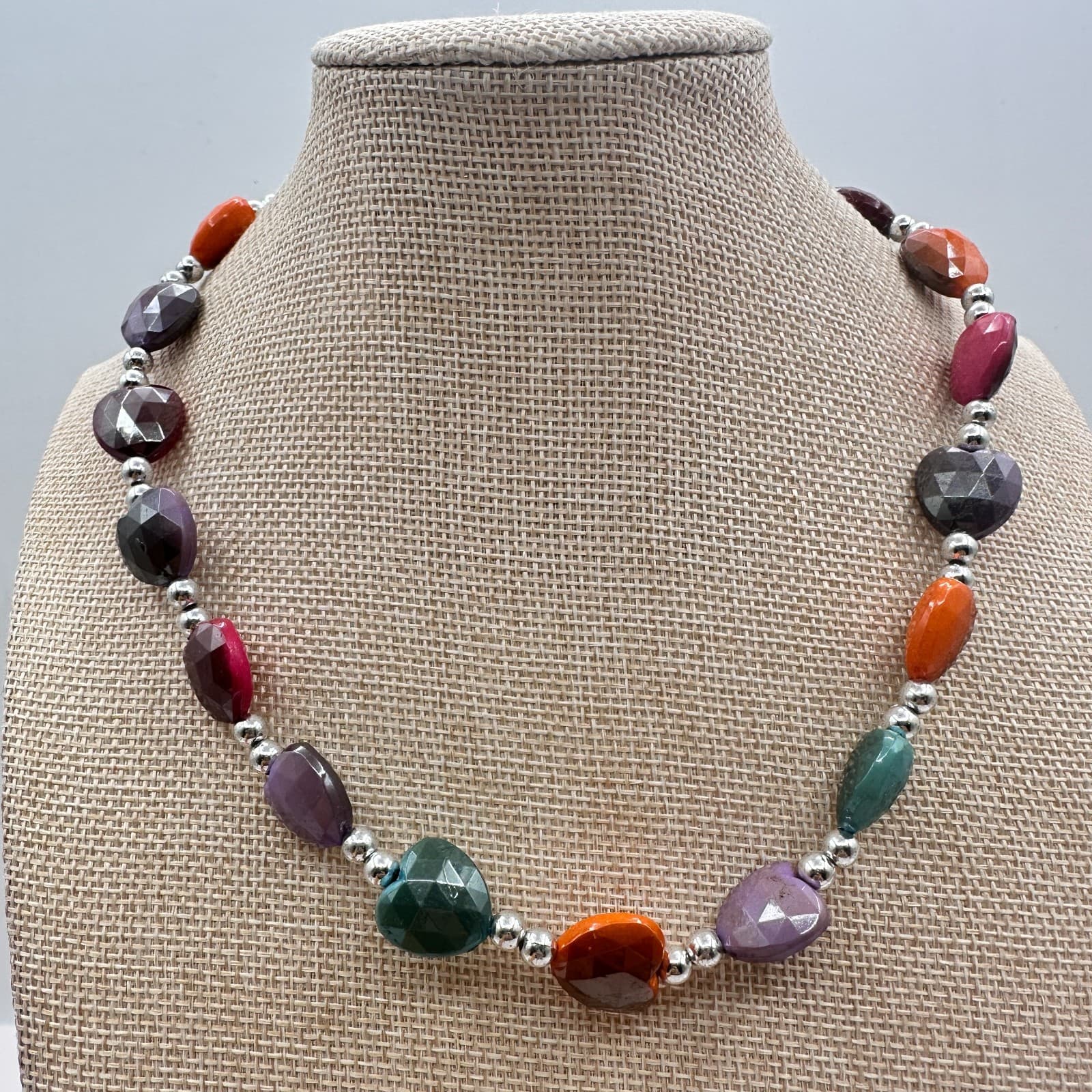 Vintage Y2K Faceted Heart Bead Statement Necklace Silver Tone Accents Jewelry