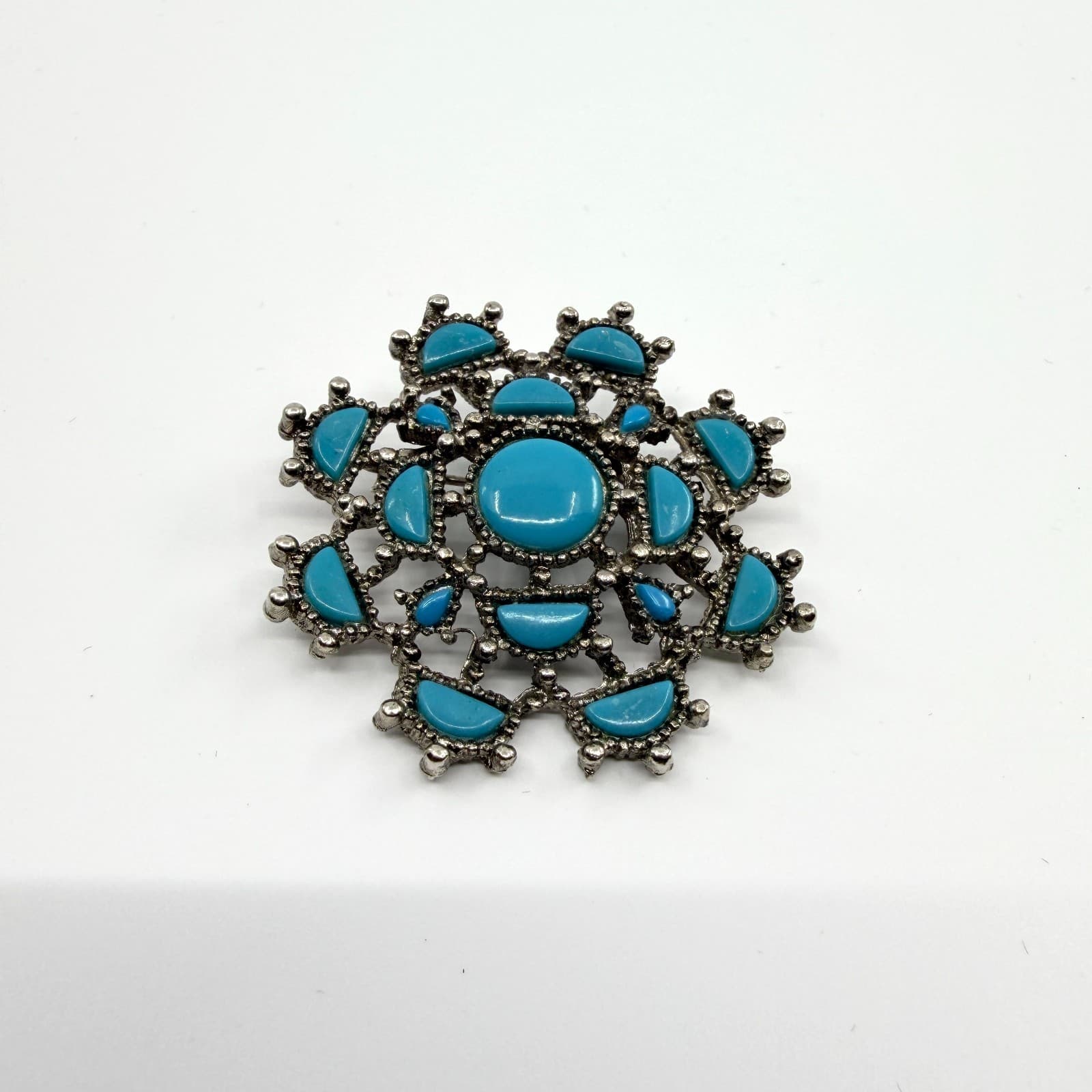 Vintage Silver Tone Simulated Turquoise Flower Brooch Pin Boho Retro Ornate 90s