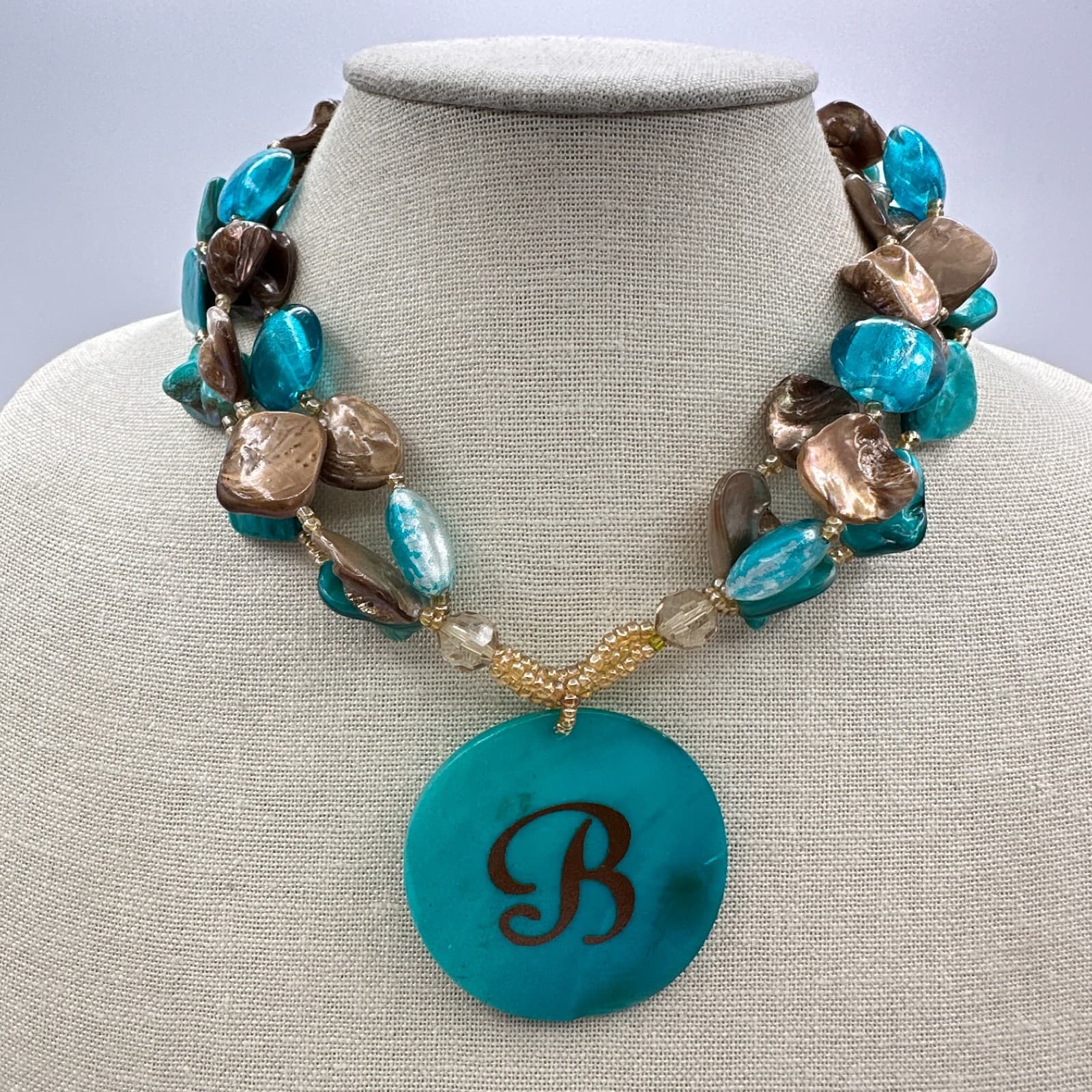 Vintage 90s Initial B Shell Pendant Statement Necklace Brown Glass Bead Jewelry
