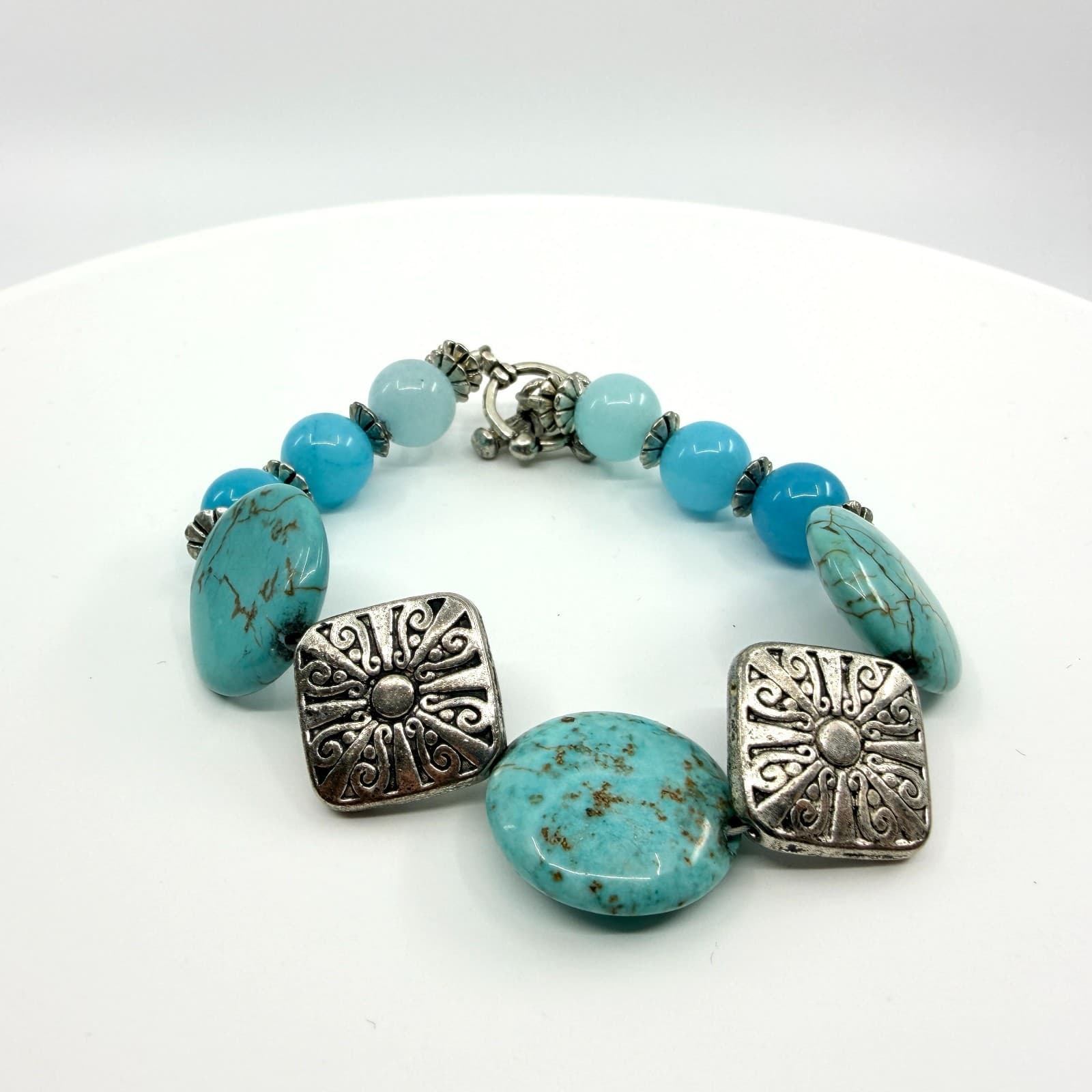 Vintage Silver Tone Simulated Turquoise Large Pebble Bead Bracelet Boho Retro