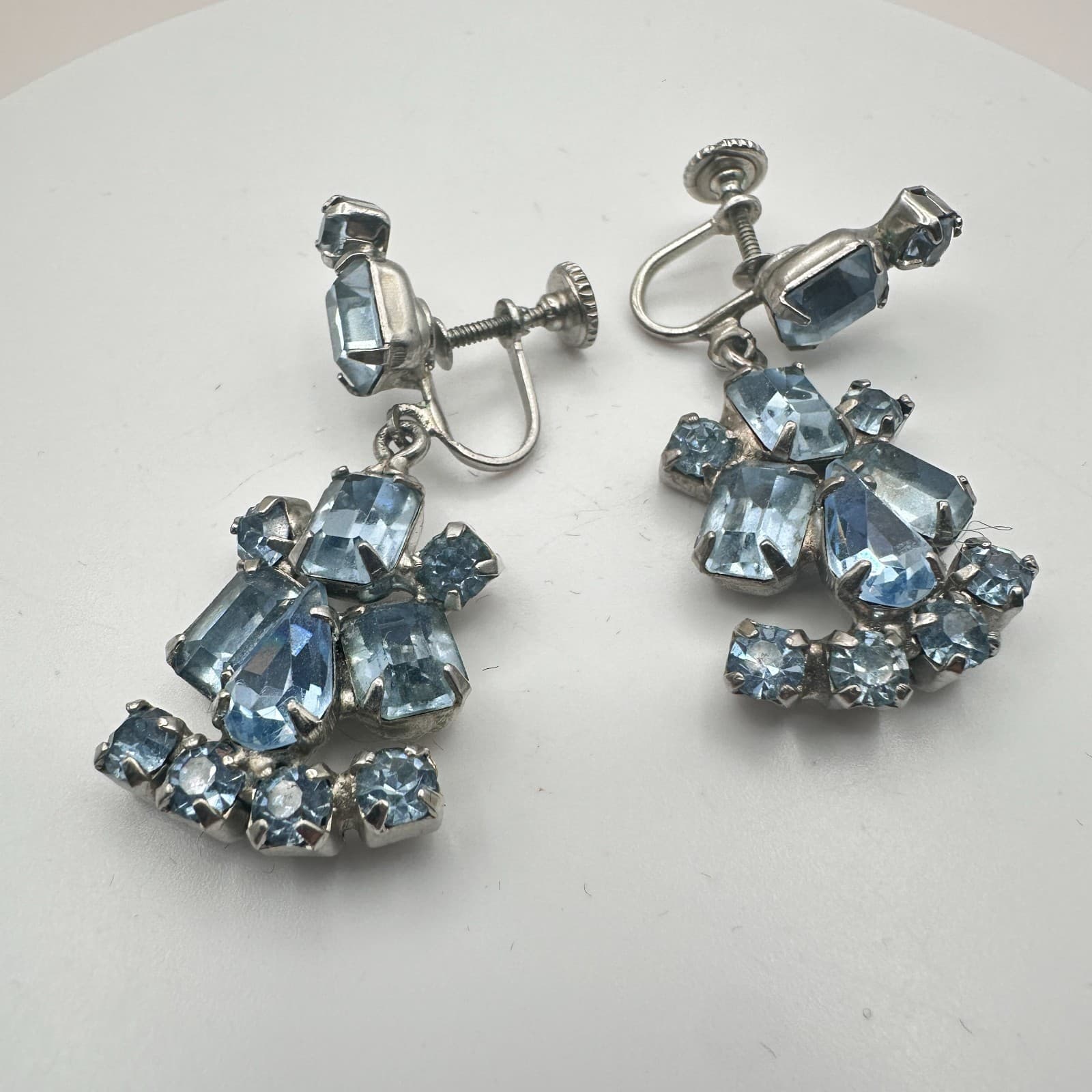 Vintage 90s Silvertone Drop Earrings Blue Glass Art Deco Classic Fashion Jewelry