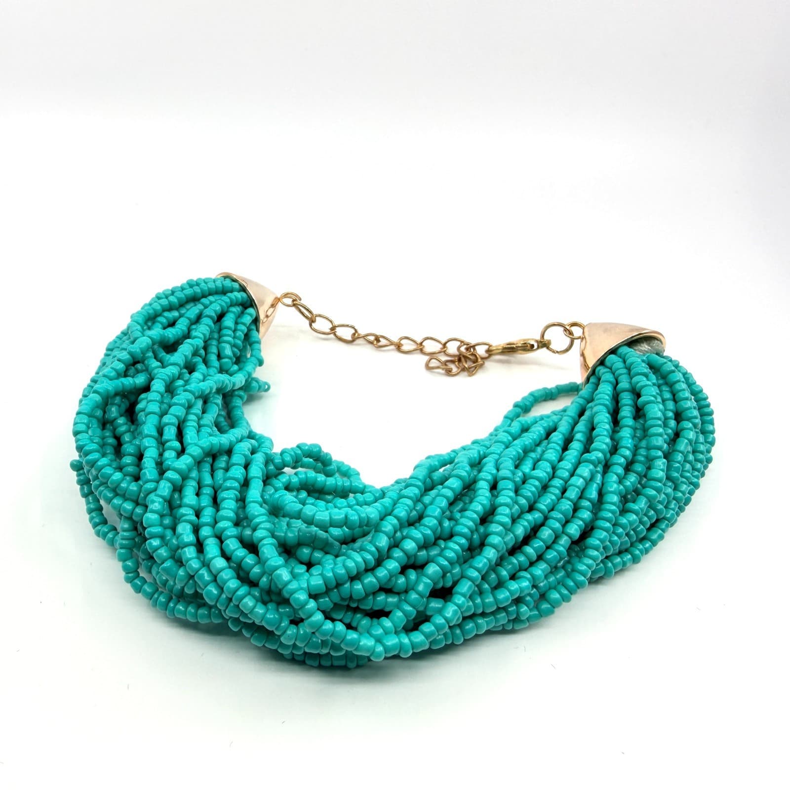 Vintage Gold Tone Simulated Turquoise Multi Strand Seed Bead Necklace Retro 90s