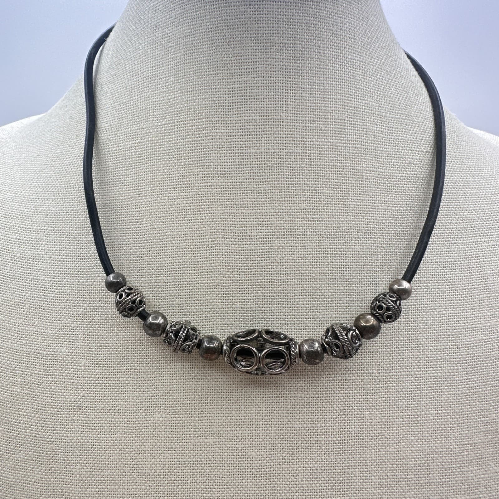 Vintage 90s Silver Tone Filigree Bead Black Cord Choker Necklace Boho Jewelry