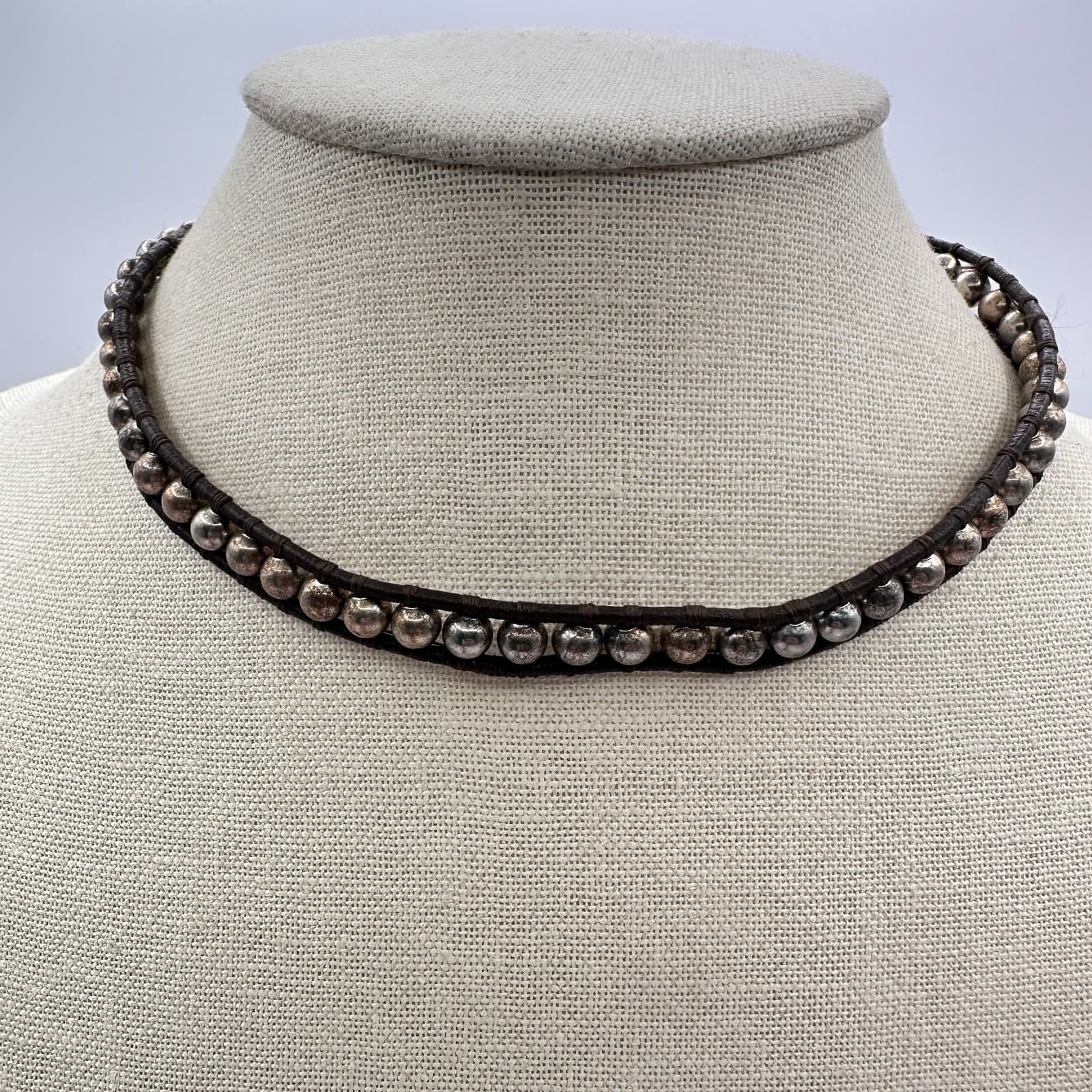 Vintage 90s Choker Necklace Silver Tone Ball Bead Brown Leather Boho Jewelry
