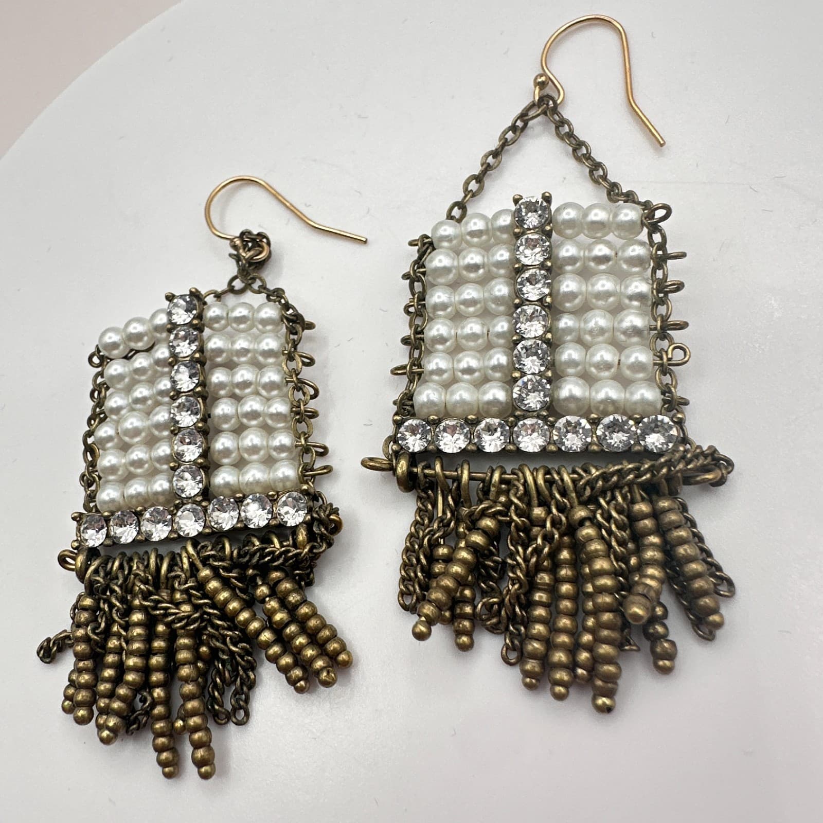 Vintage 30s Statement Earrings Featuring Pearl Beads Brass Chain Piece Jewelry