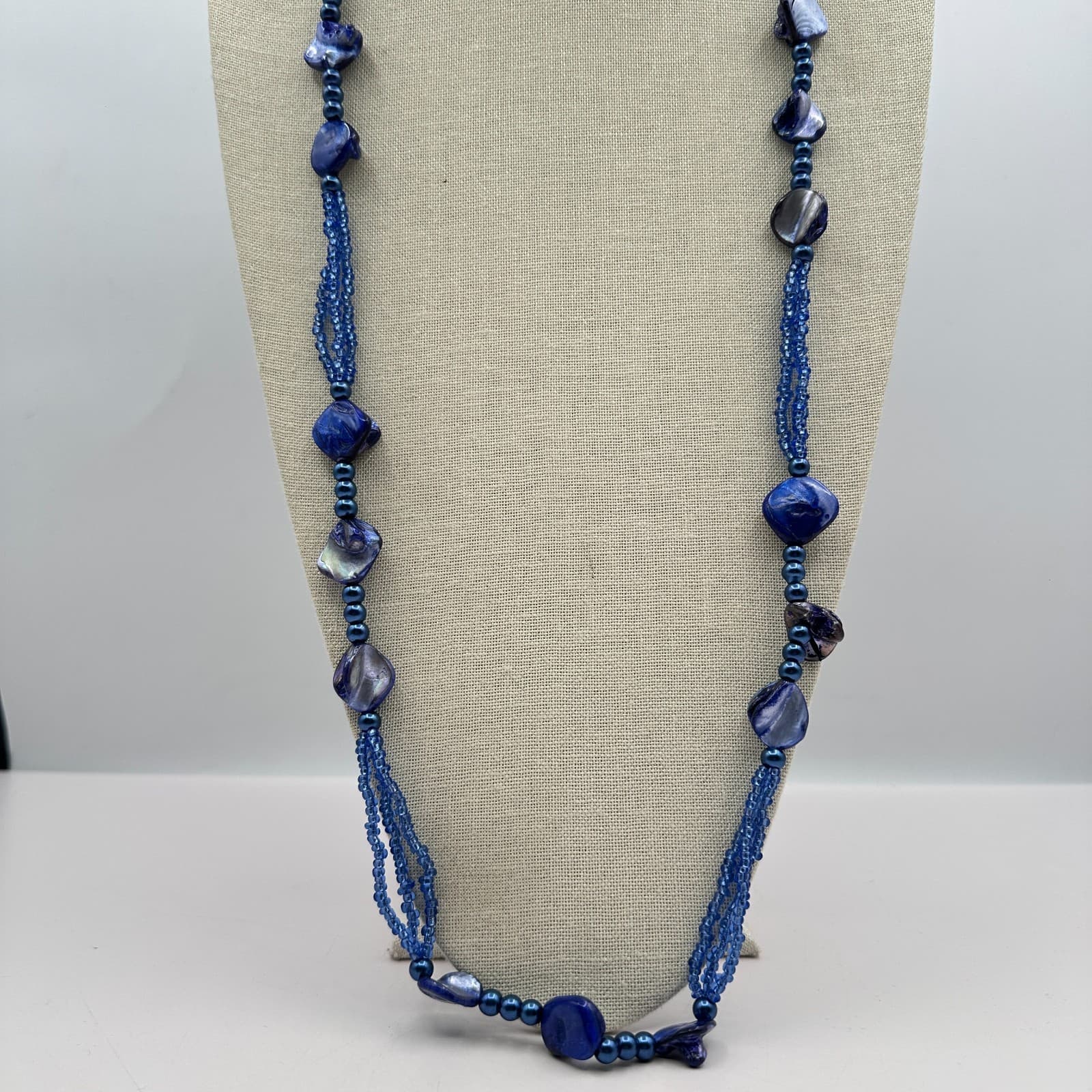 Vintage 90s Blue Mother of Pearl Shell & Glass Bead Multi-Strand Opera Necklace