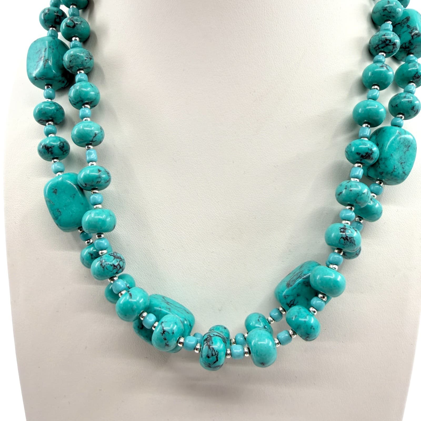 Vintage Silver Tone Simulated Turquoise Multi Strand Chunky Bead Necklace Boho