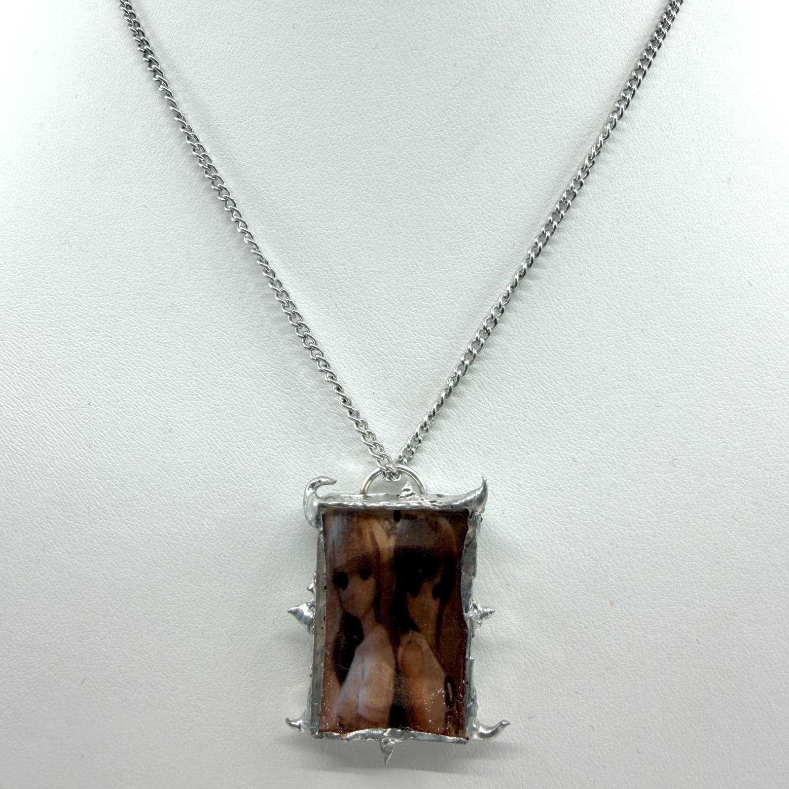 Vintage Silver Tone BJD Doll Photo Pendant Necklace Spike Thorn Retro Grunge 90s