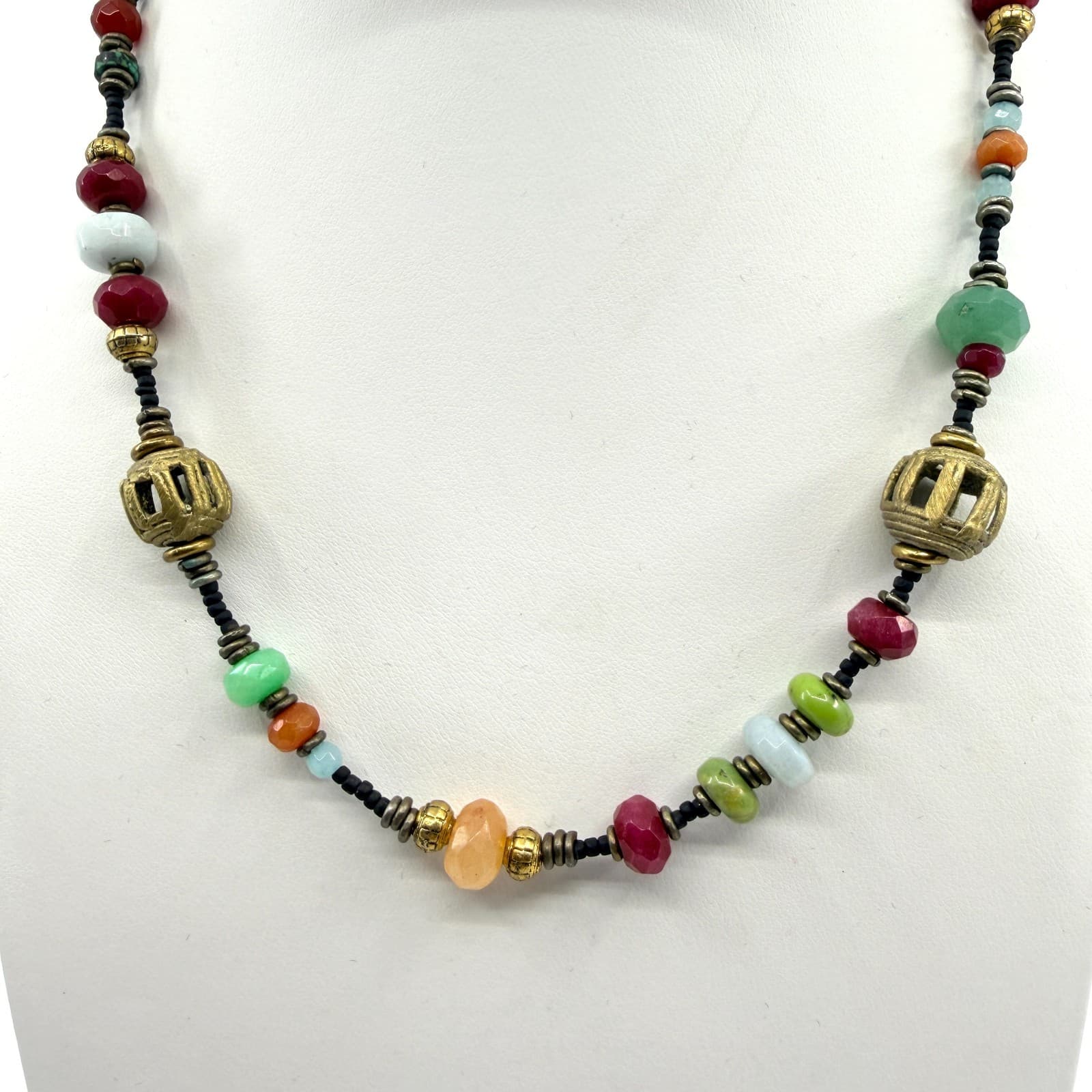 Vintage Gold Tone Multi Color Faceted Bead Cage Bead Necklace Boho Retro Ornate