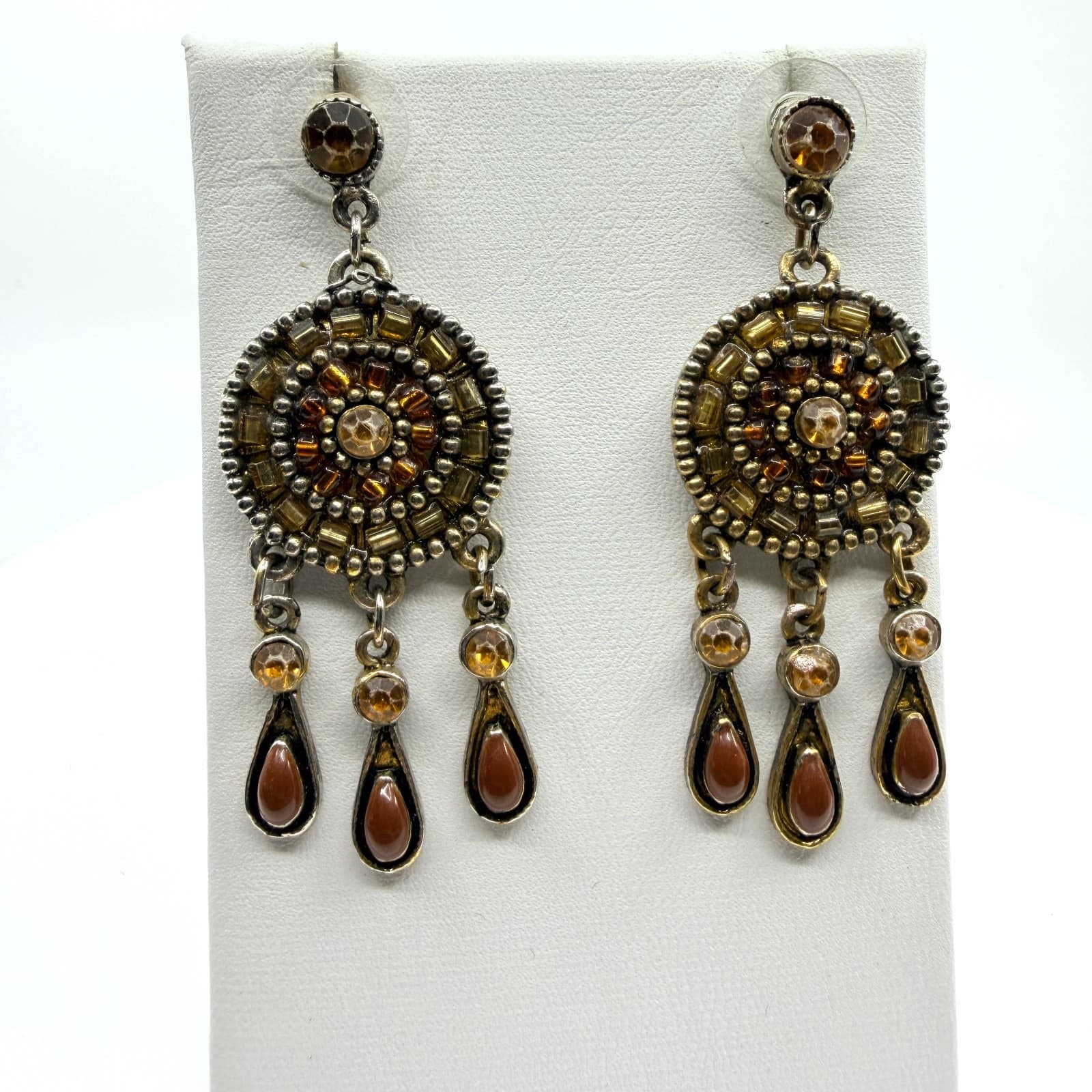 Vintage Silver Tone Amber Color Crystal Seed Bead Mandala Drop Earrings Boho Mod