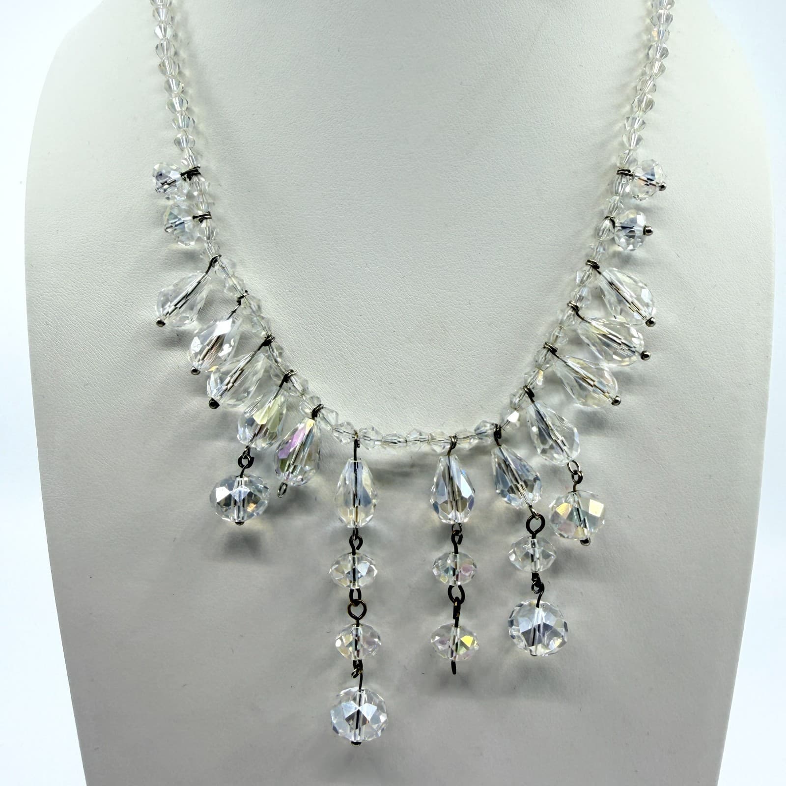 Vintage AB Aurora Borealis Glass Crystal Fringe Necklace Clear Iridescent Retro
