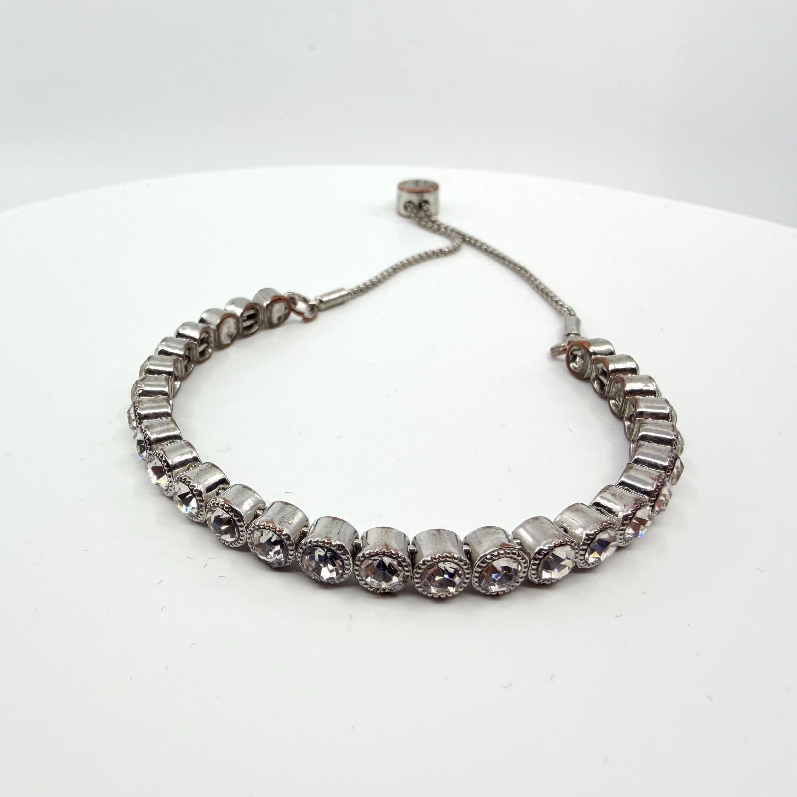 Vintage Silver Tone Rhinestone Tennis Bracelet Adjustable Slider Bolo Statement