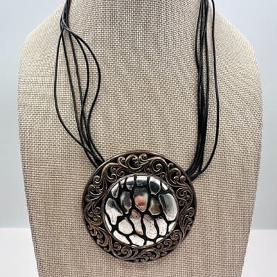 Vintage 80s Women Necklace Round Statement Pendant Multi Cord Silver Tone Black