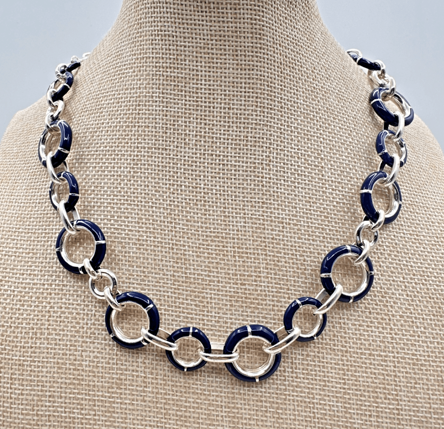 Vintage Y2K Silver Tone Blue Enamel Circle Link Choker Necklace Women's Jewelry