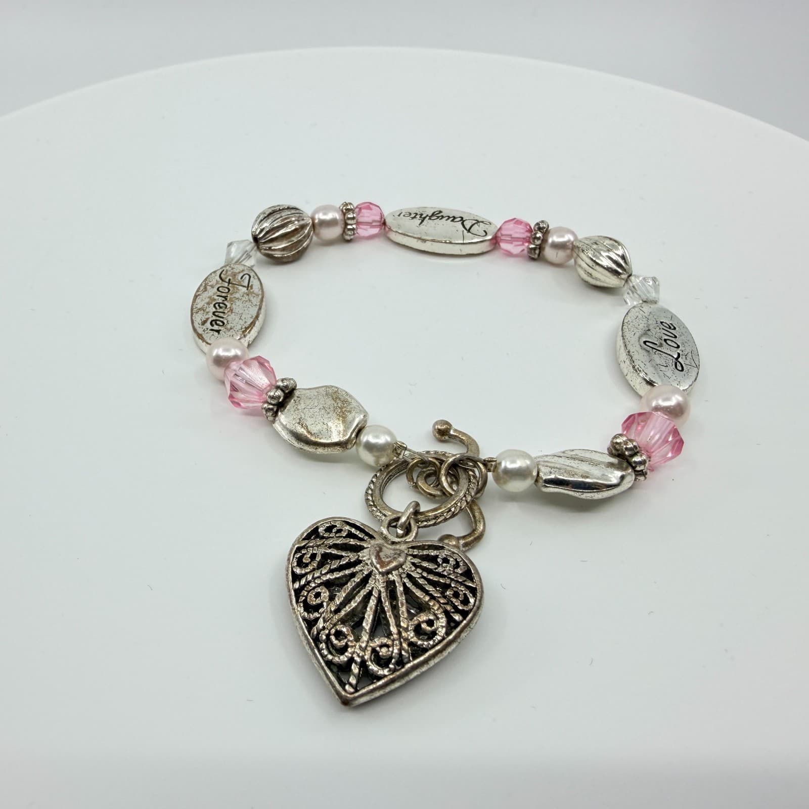 Vintage Silver Tone Daughter Love Forever Charm Bracelet Pink Crystal Beaded 90s