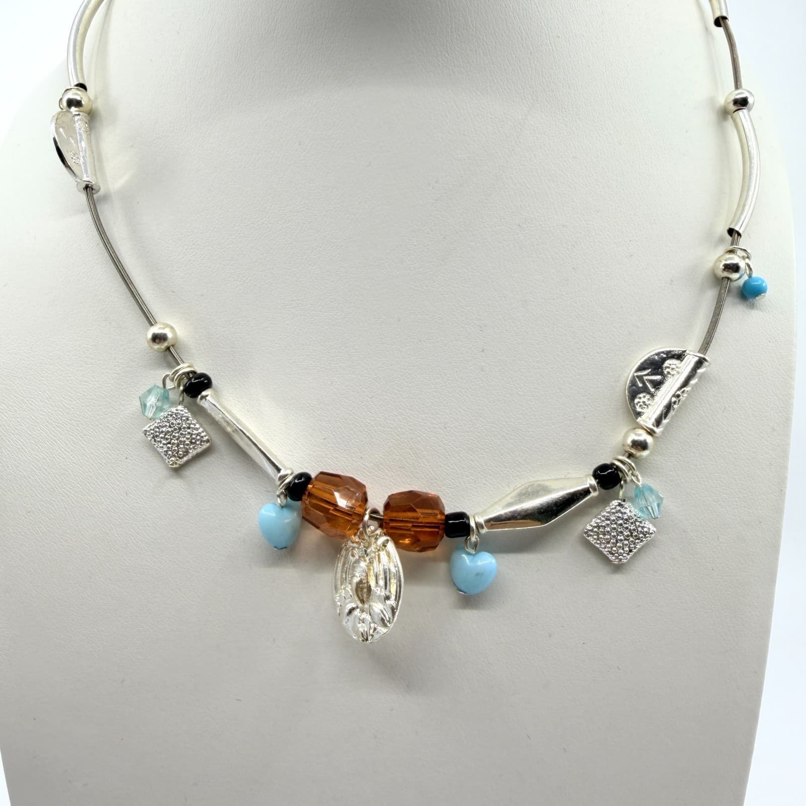 Vintage Silver Tone Multi Charm Tube Bead Necklace Amber Tone Blue Crystal Retro