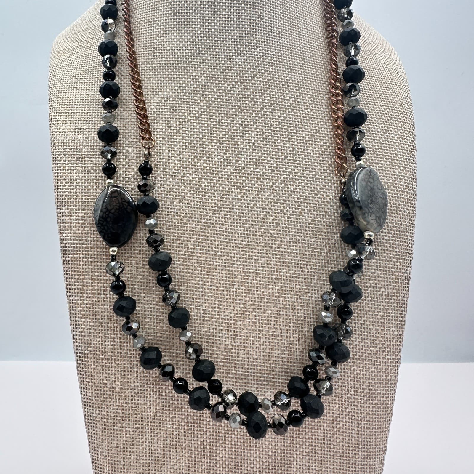 Vintage Y2K Multi-Strand Black Grey Glass Beaded Necklace Silver Tone Jewelry