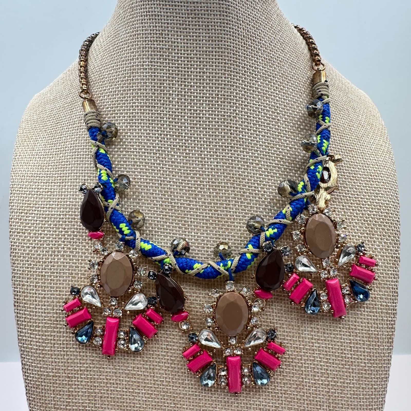Vintage 80s Women Glass Bib Statement Necklace Blue Rope Cord Multi Color Gold