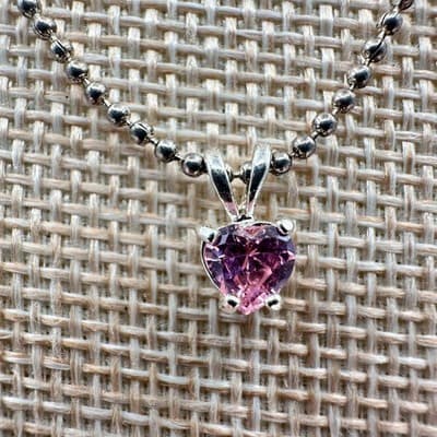 Vintage 80s Women Pink Heart Glass Pendant Necklace Chain Silver Tone